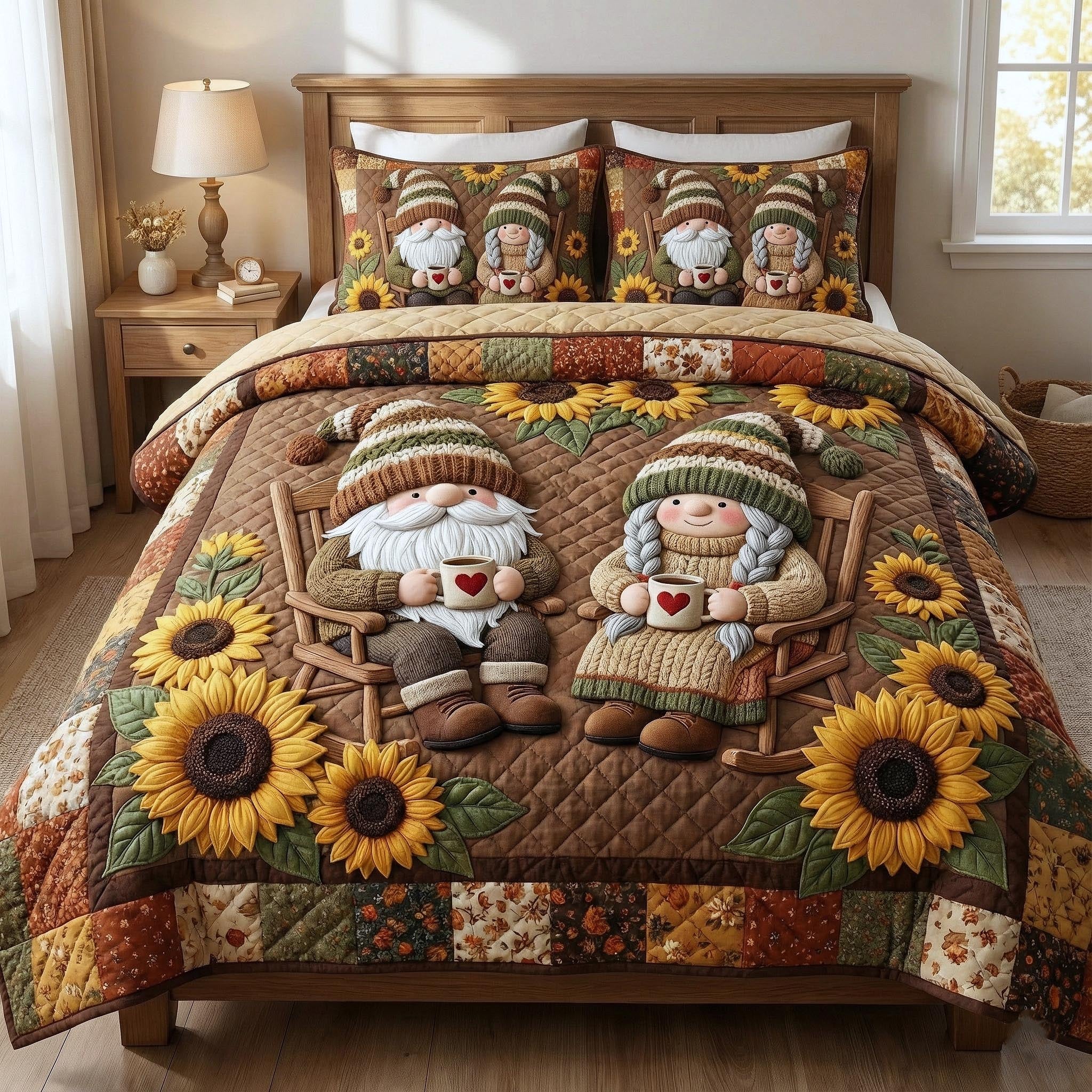Gnome Sweethearts Quilted Bedding Set Bedroom Decorations Great Gift For Cozy Valentine Gifts - Tradiviet
