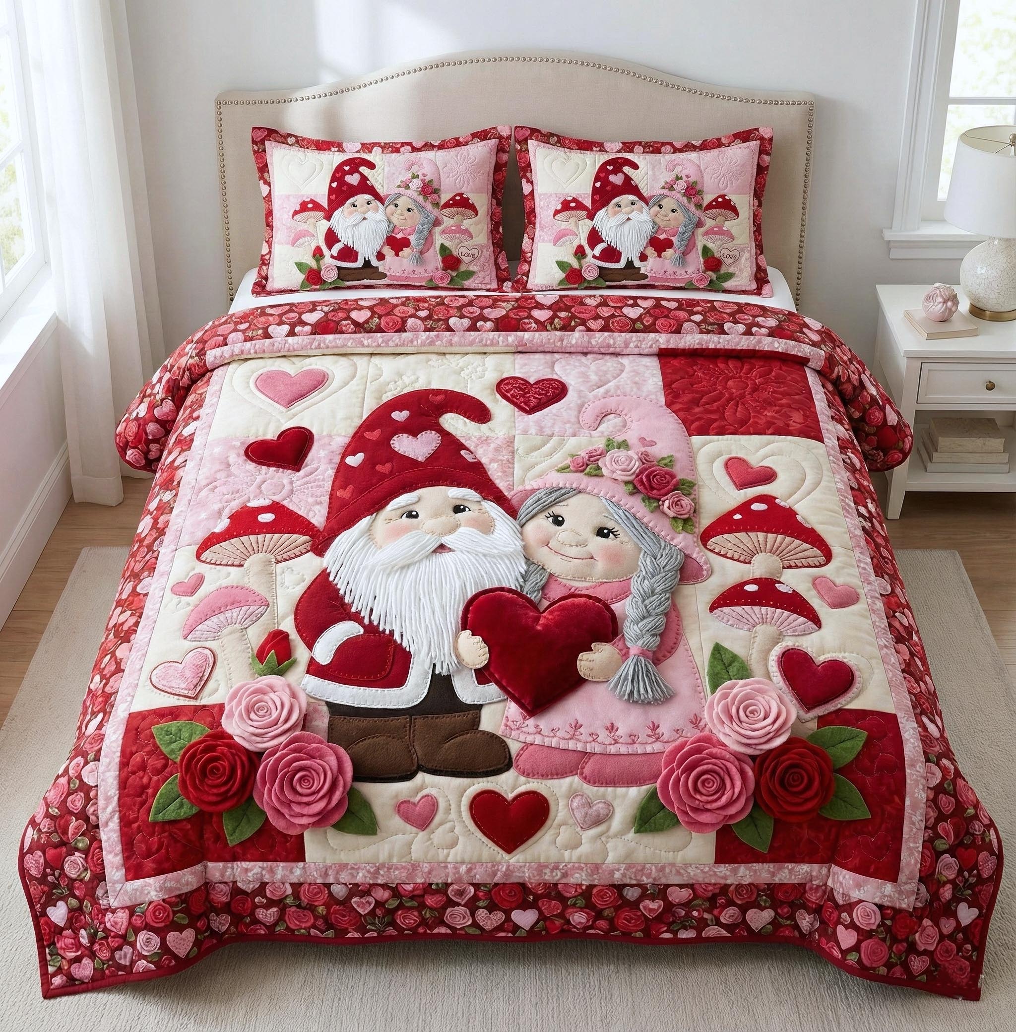 Gnome Sweethearts Quilted Bedding Set Holiday Decorations Fun Gift For Gnome Enthusiasts - Tradiviet