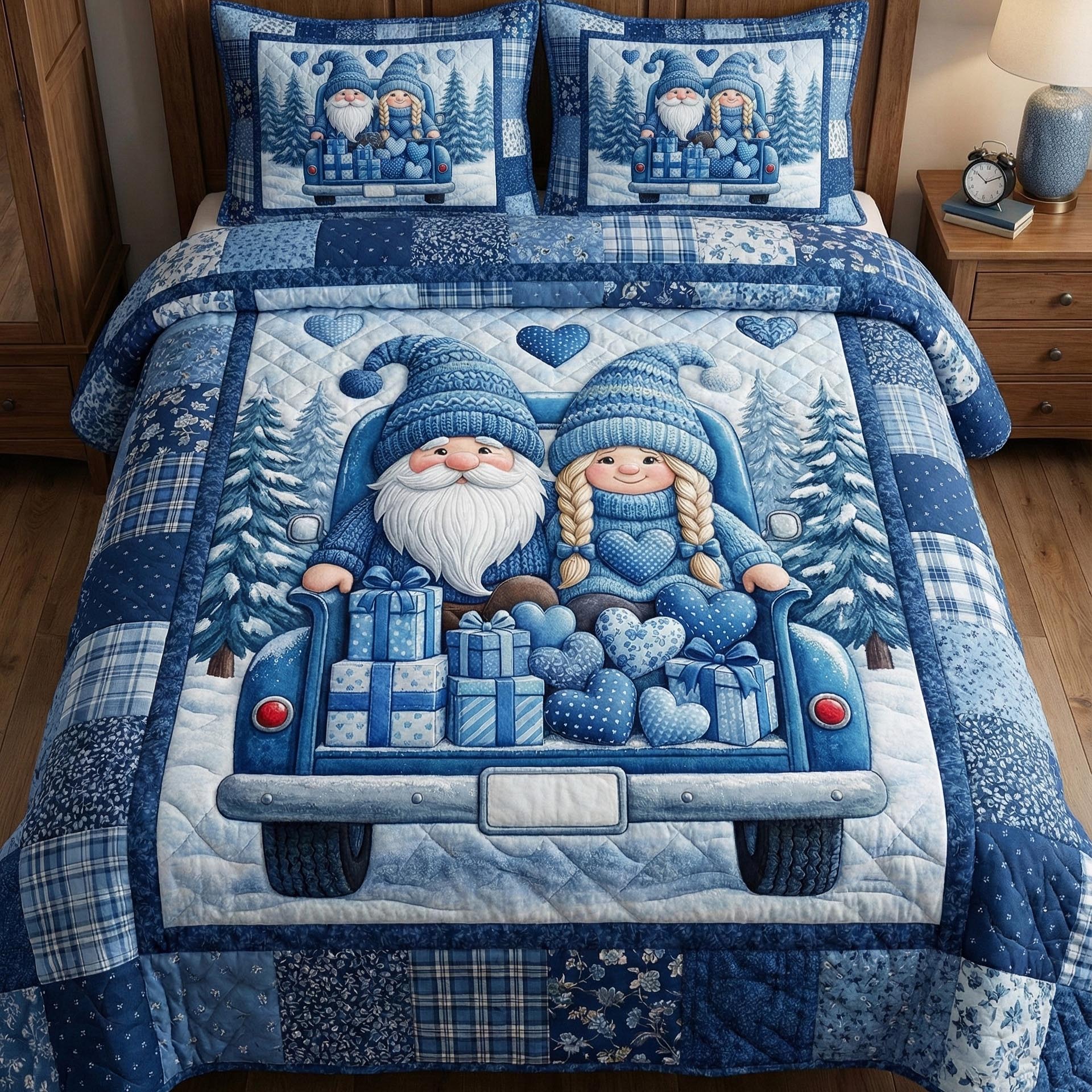 Gnome Sweethearts Quilted Bedding Set Holiday Home Decor Gnome Themed Gifts - Tradiviet