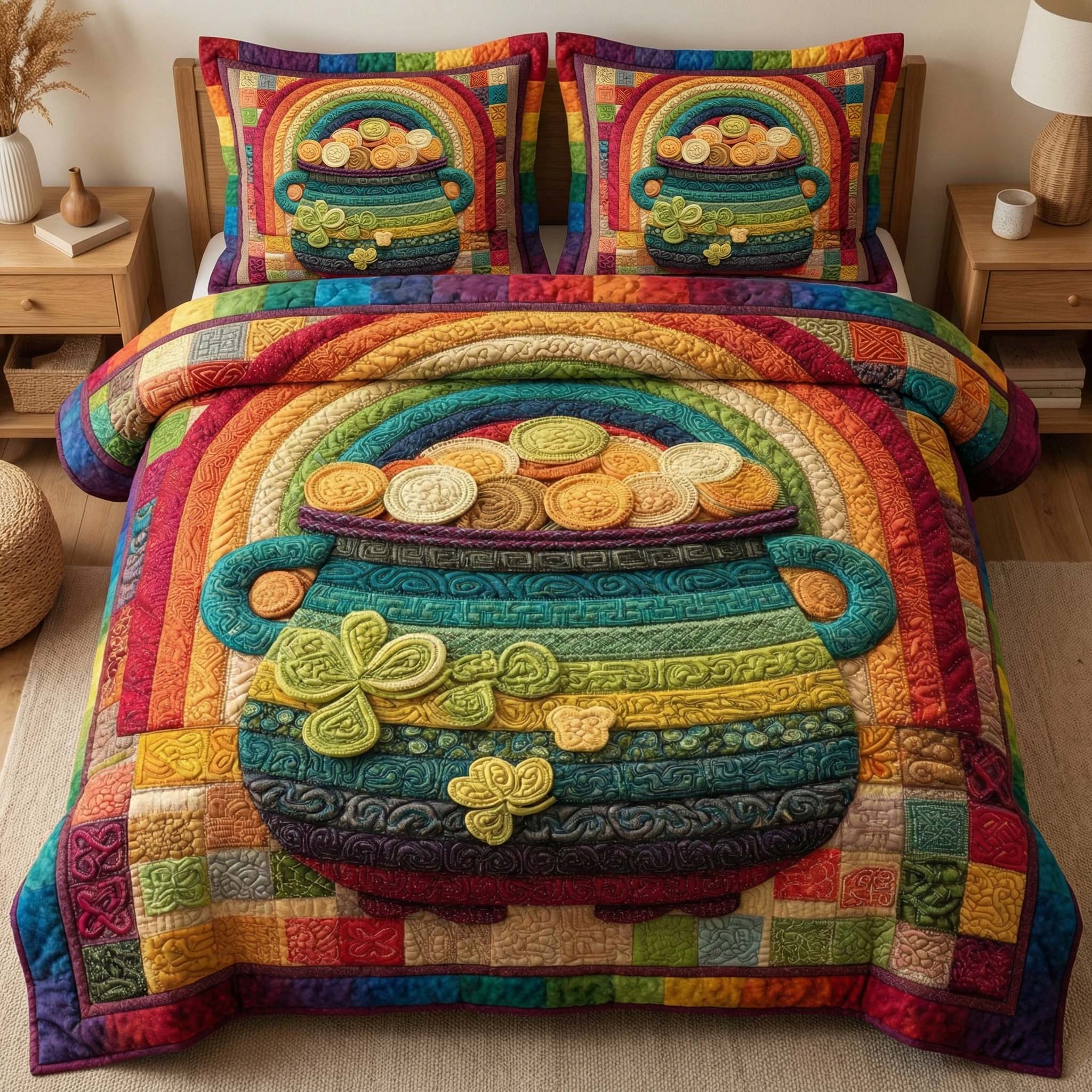 Golden Cauldron Quilted Bedding Set Bedroom Decorations Gift For Celtic Enthusiasts - Tradiviet