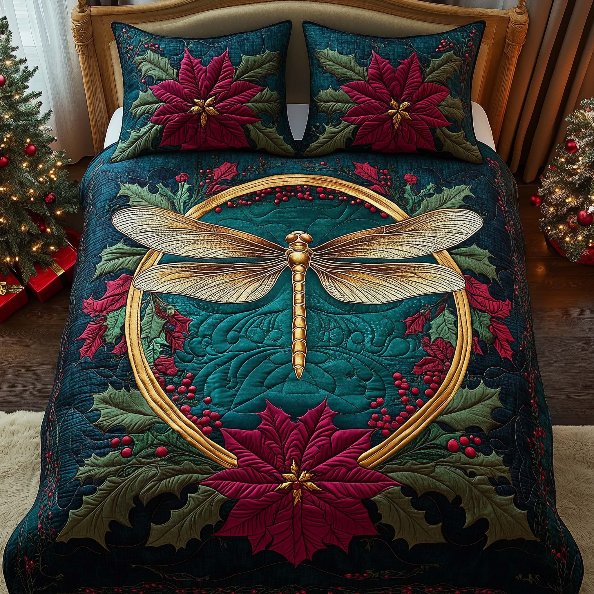 Golden Dragonfly Quilted Bedding Set Bedroom Decorations Novelty Dragon Gifts - Tradiviet