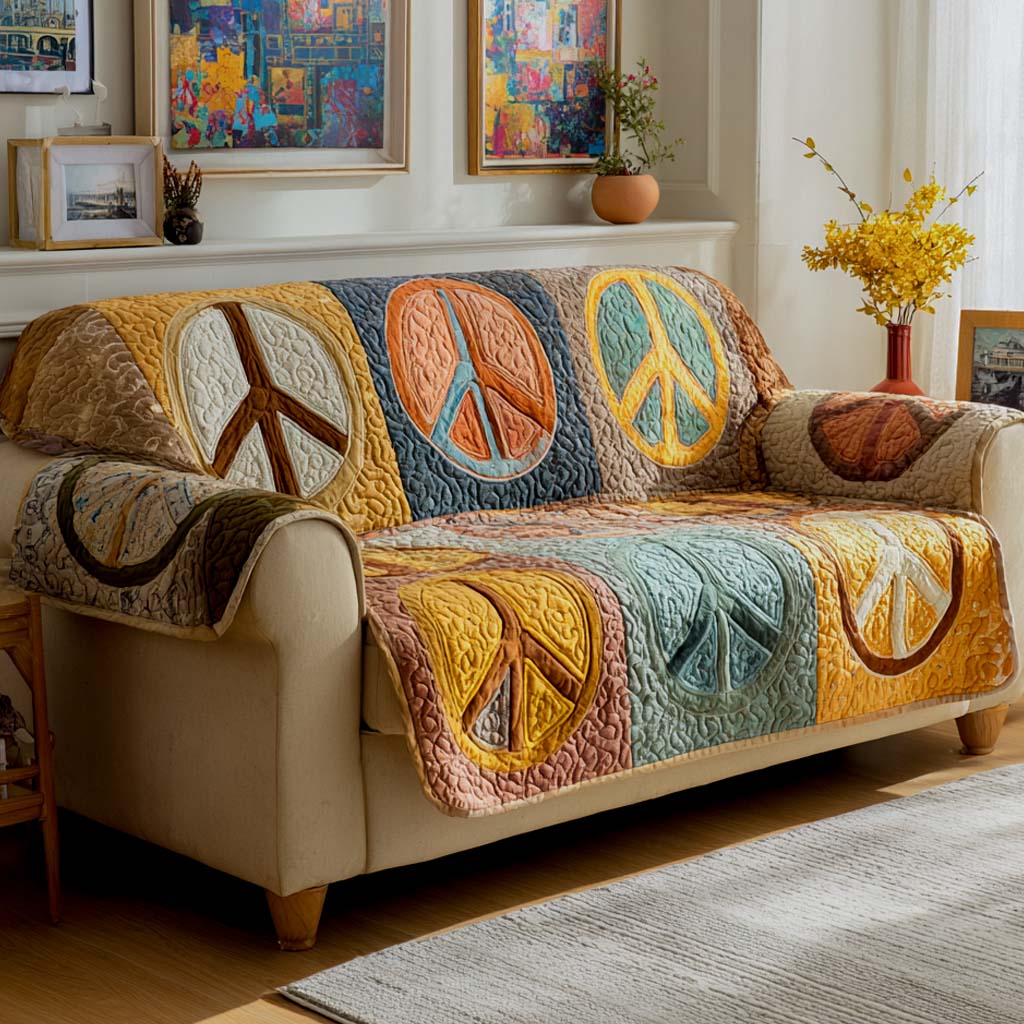Golden Earth Serenity Quilted Sofa Cover Earth Tone Boho Pattern Cozy Home Decor
