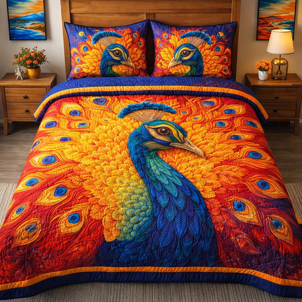 Golden Ember Peacock Quilted Bedding Set Holiday Decorations Gift For Bird Enthusiasts - Tradiviet