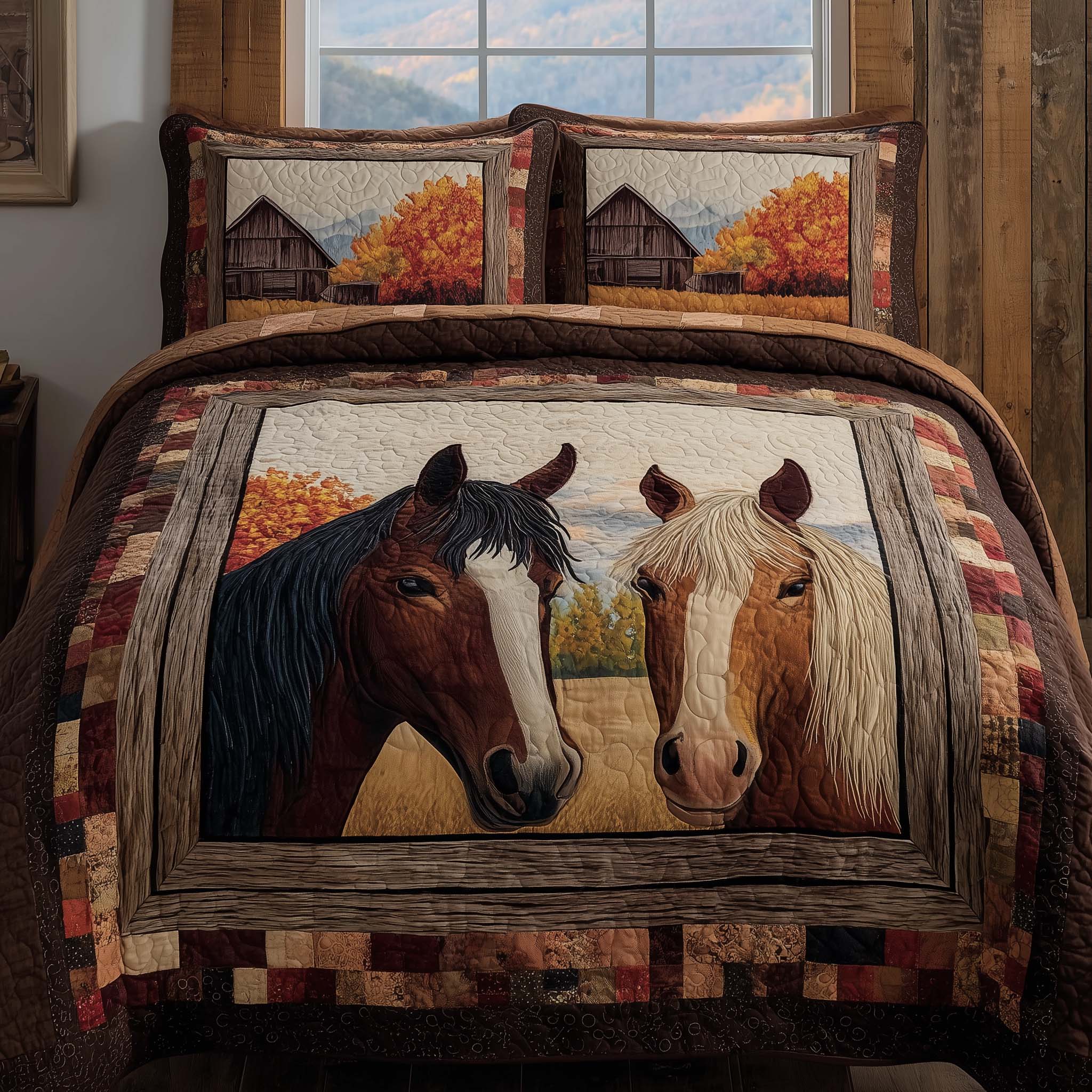 Golden Farm Horses Quilted Bedding Set Holiday Home Decor Ideas Gifts For Someone Who Loves Horses - Tradiviet
