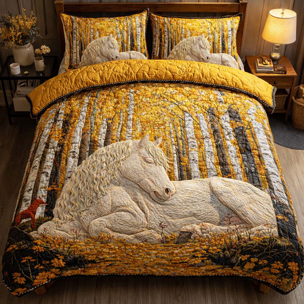 Golden Forest Mare Quilted Bedding Set Autumn Inspired Bedroo Gift For Horseback Riders - Tradiviet