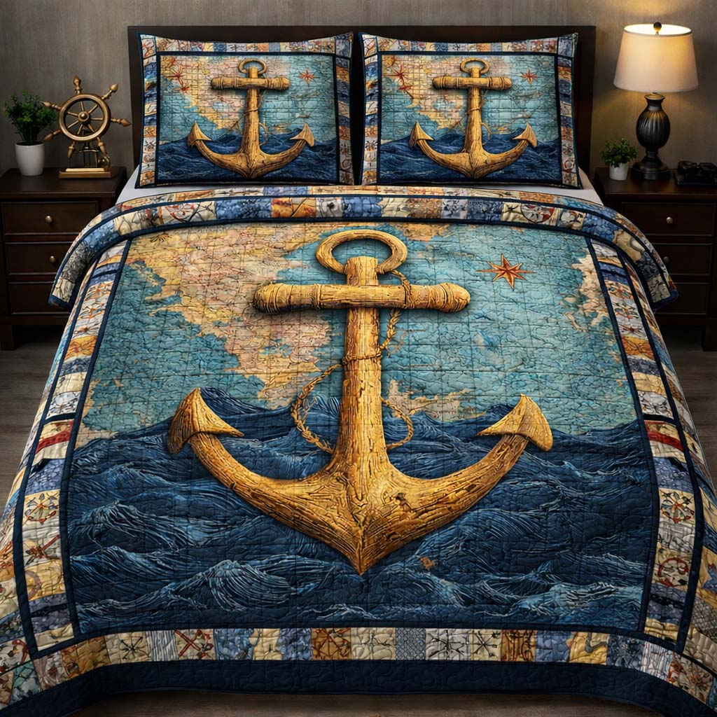 Golden Harbor Anchor Quilted Bedding Set Holiday Decorations Gift For Nautical Lovers - Tradiviet
