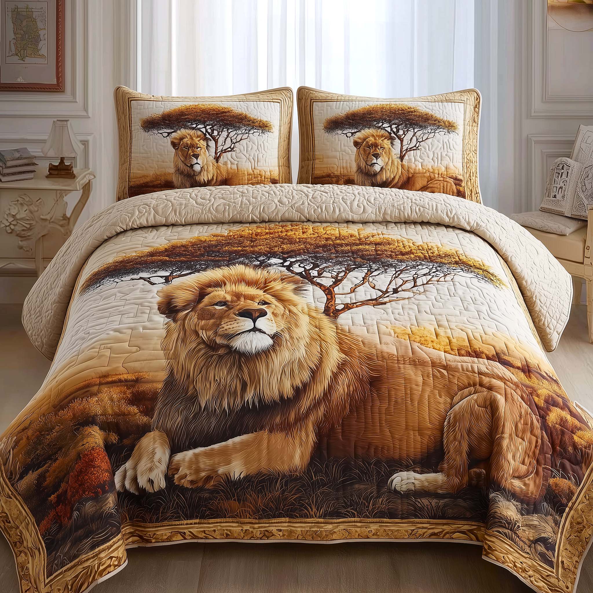 Golden Lion Quilted Bedding Set Holiday Home Decor Ideas Presents For Lion Lovers - Tradiviet