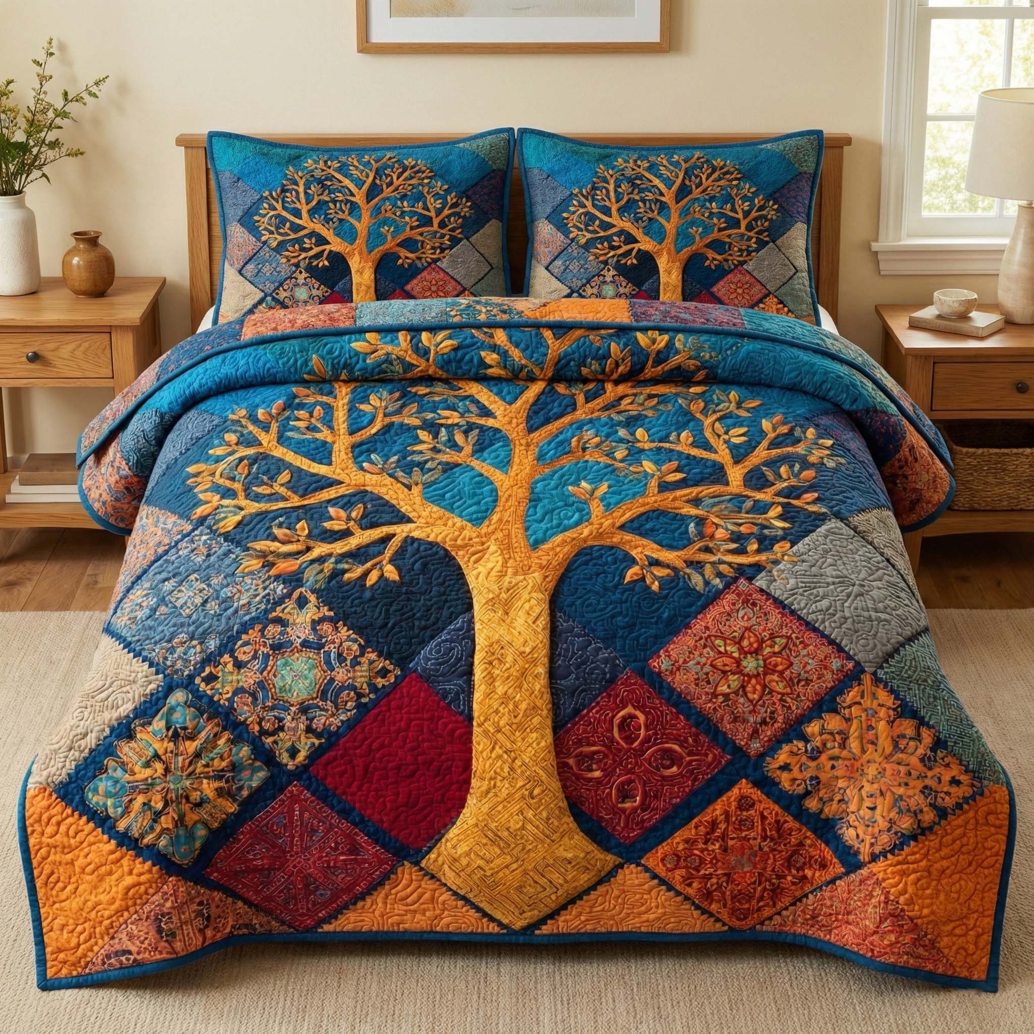 Golden Mosaic Tree Quilted Bedding Set Bedroom Decorations Gift For Elegant Lovers - Tradiviet