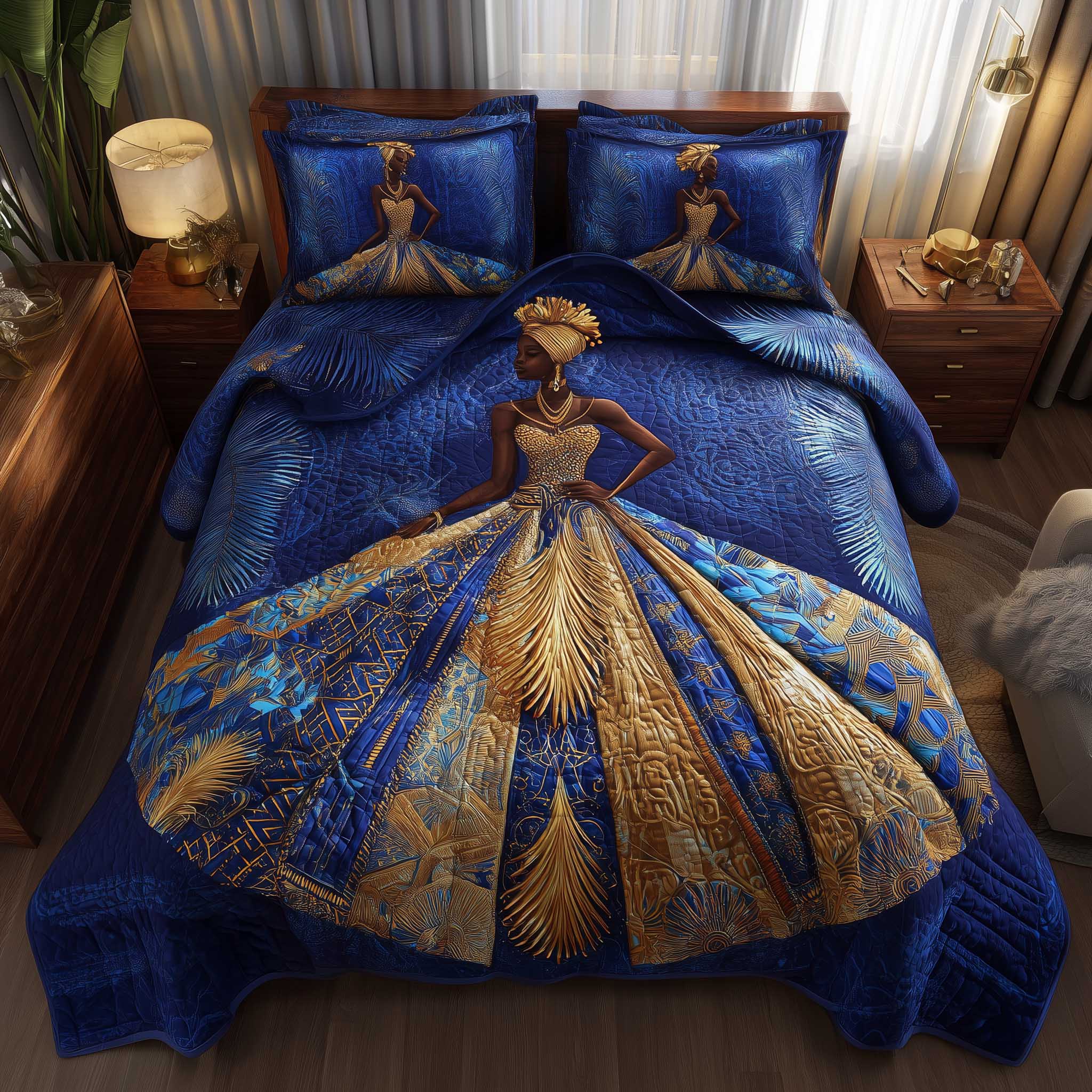 Golden Queens Quilted Bedding Set Bed Room Decoration Great Gift For Family Celebrations - Tradiviet