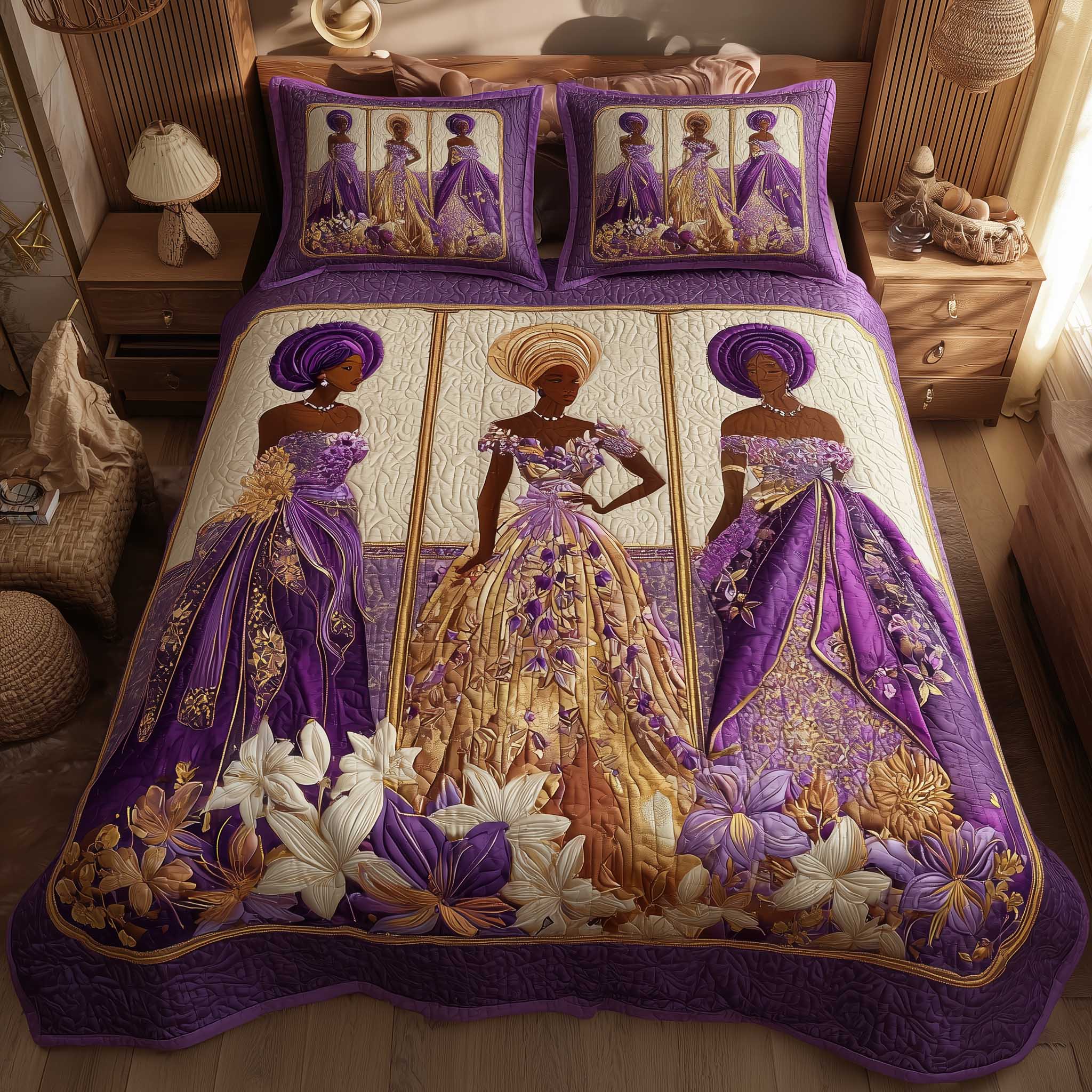 Golden Queens Quilted Bedding Set Bohemian Bedroom Furniture Ideal Gift For Queen Fans - Tradiviet