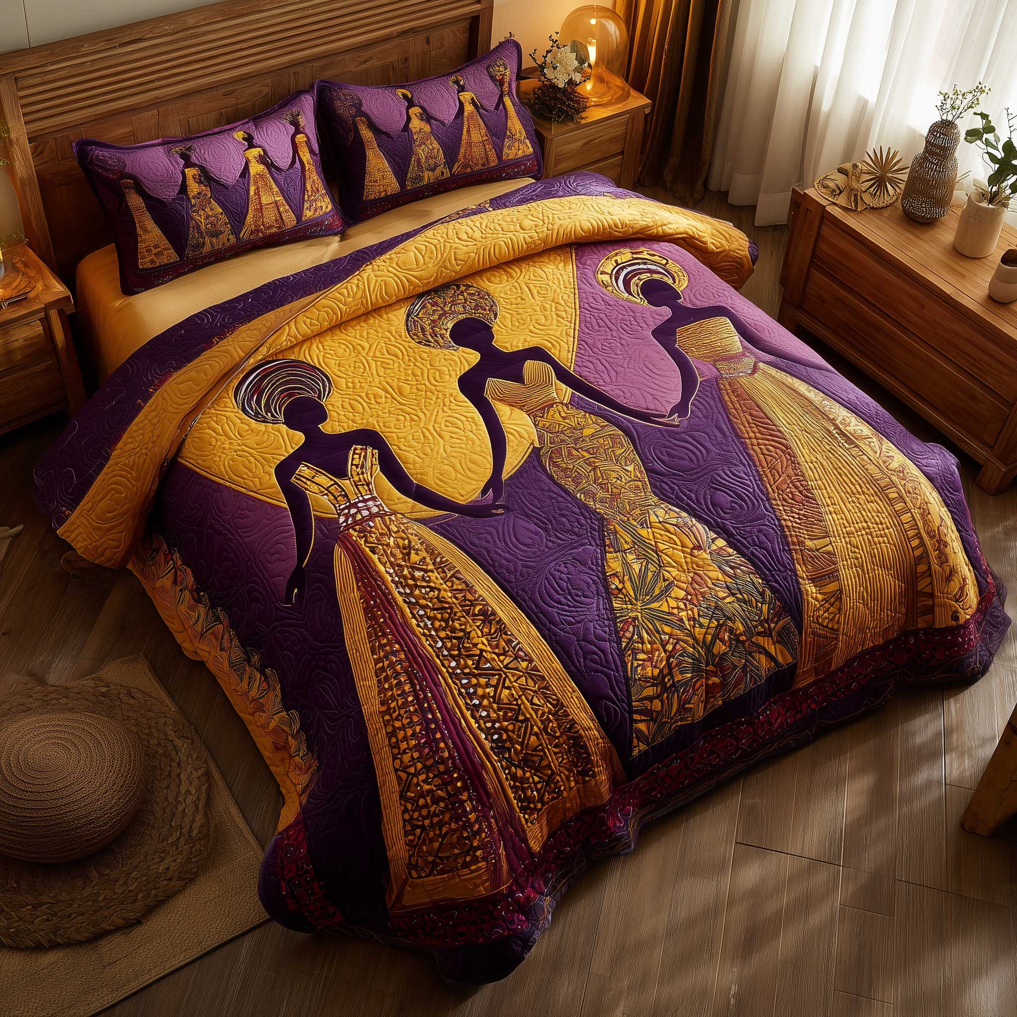 Golden Queens Quilted Bedding Set Holiday House Decorations Charming Gift For Family - Tradiviet