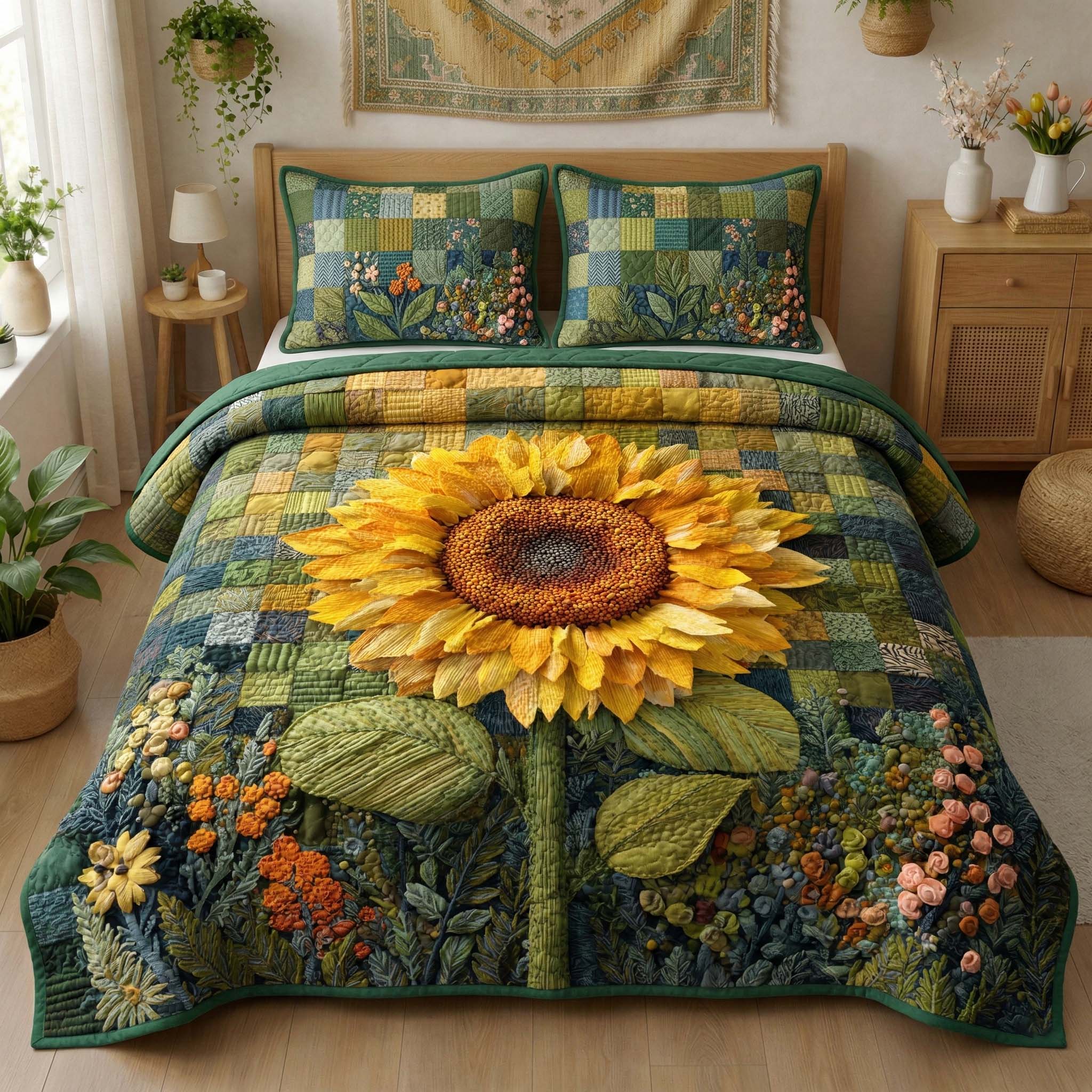 Golden Sunflower Quilted Bedding Set Autumn Inspired Bedroom Sunflower Items For Gifts - Tradiviet