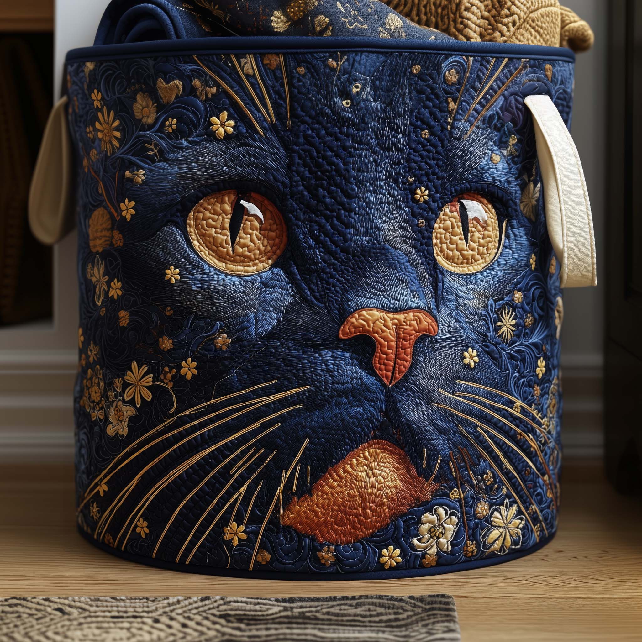 Golden Whiskers Quilted Laundry Basket Aesthetic Storage Baskets Mother's Day Gifts - Tradiviet