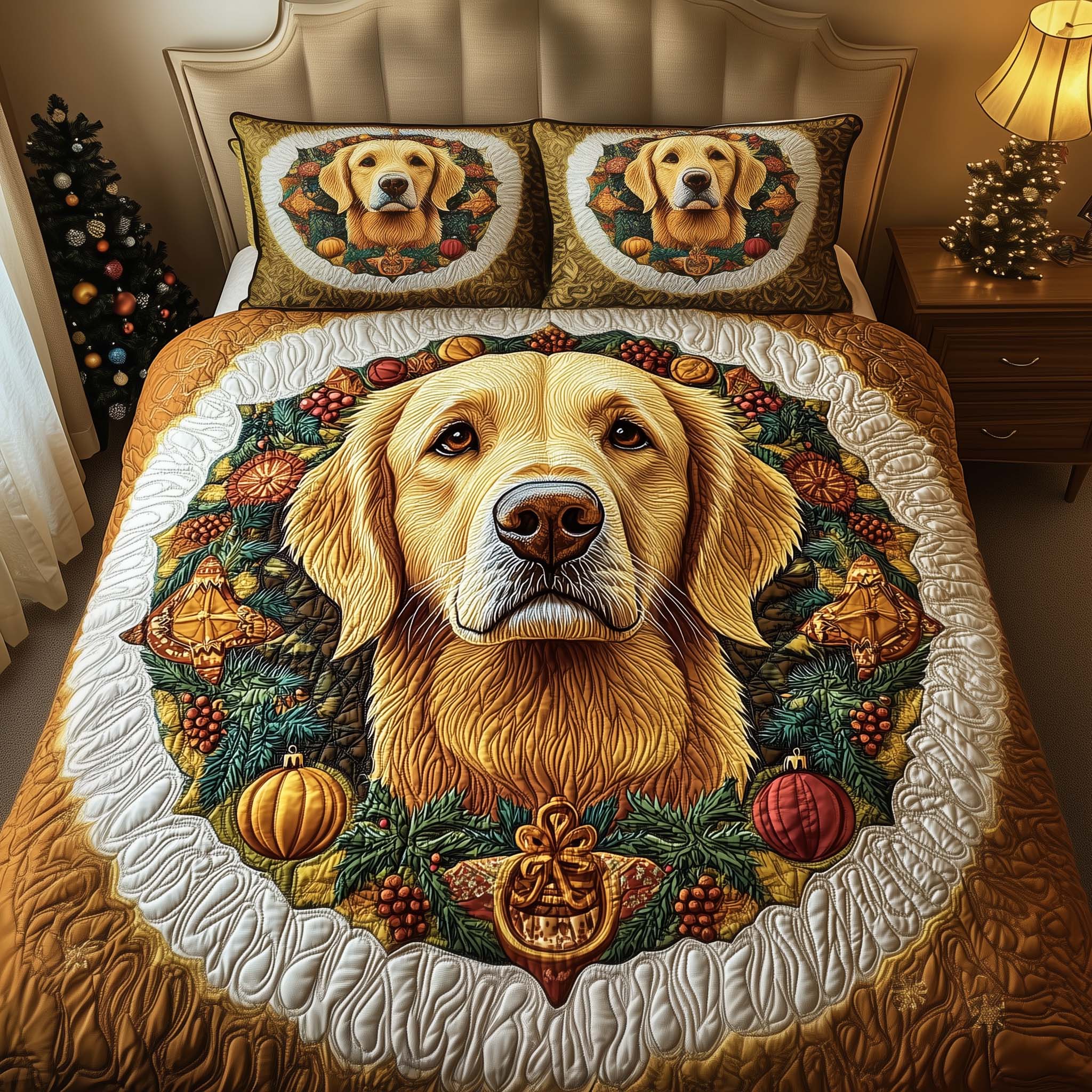 Golden Wreath Quilted Bedding Set Mens Bedroom Decor Gift For Christmas Home - Tradiviet