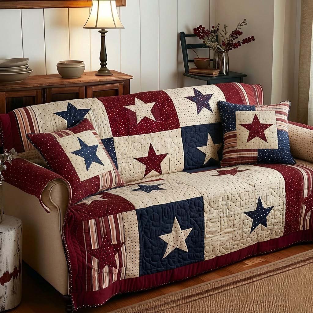 Grand Star Quilted Sofa Cover Bold American Star Pattern Home Decor