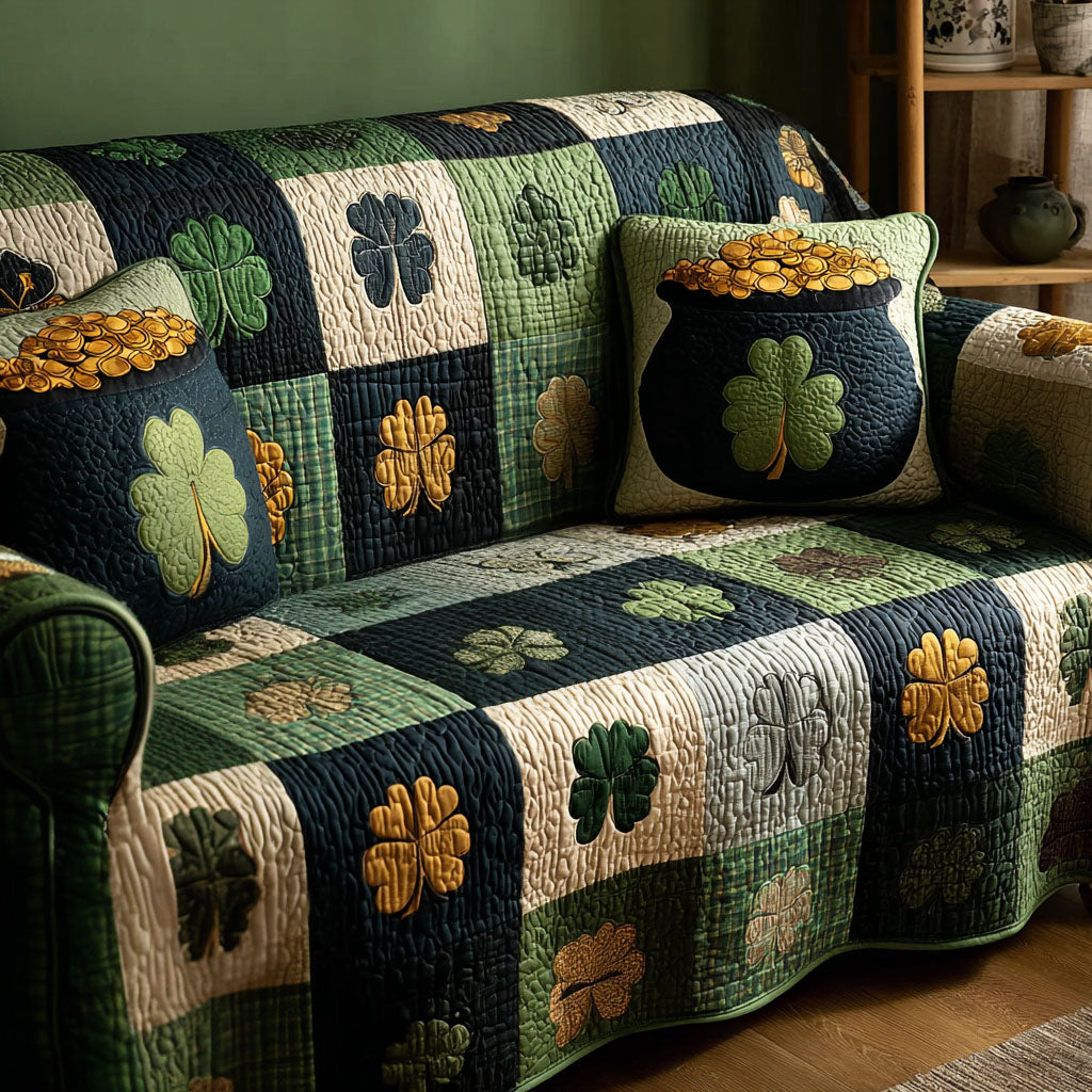Green Fortune Quilted Sofa Cover Lucky Clover Pattern Irish Decor
