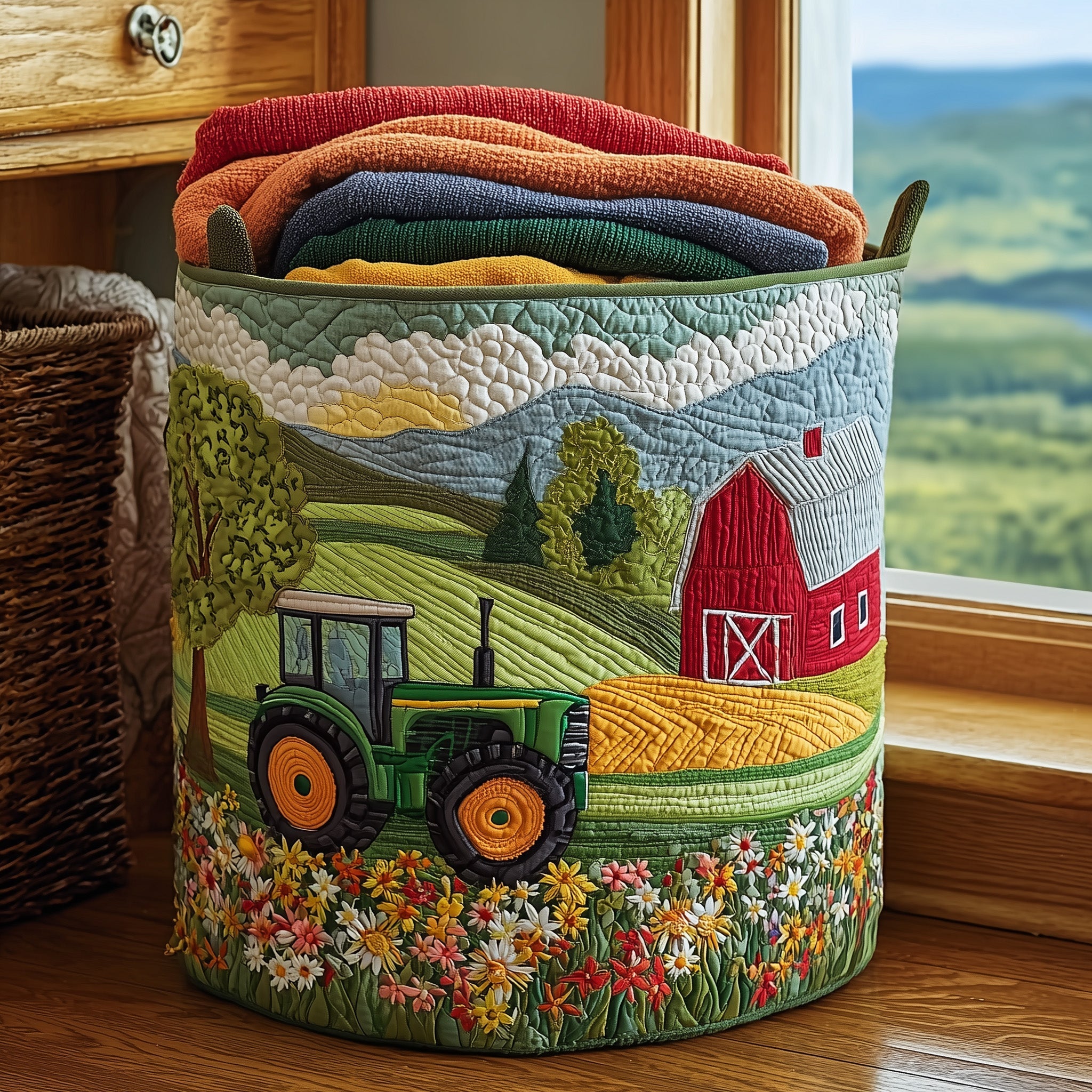 Green Tractor Dream Quilted Laundry Basket Washroom Decor Basket Mother's Day Gifts - Tradiviet