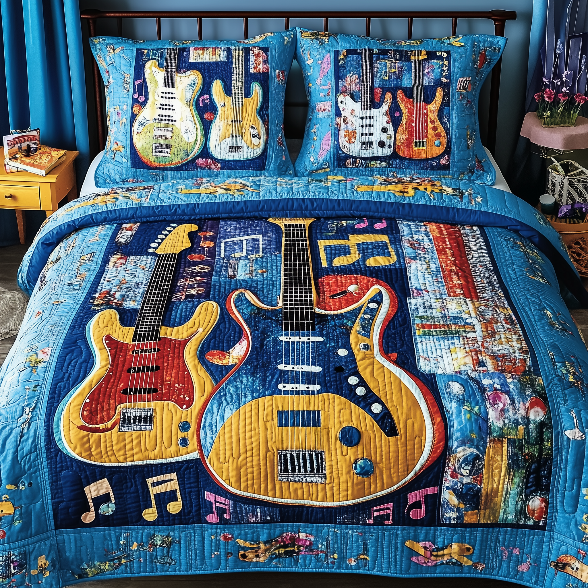 Guitars Quilted Bedding Set Holiday Home Decor Birthday Presents For Guitar Players - Tradiviet