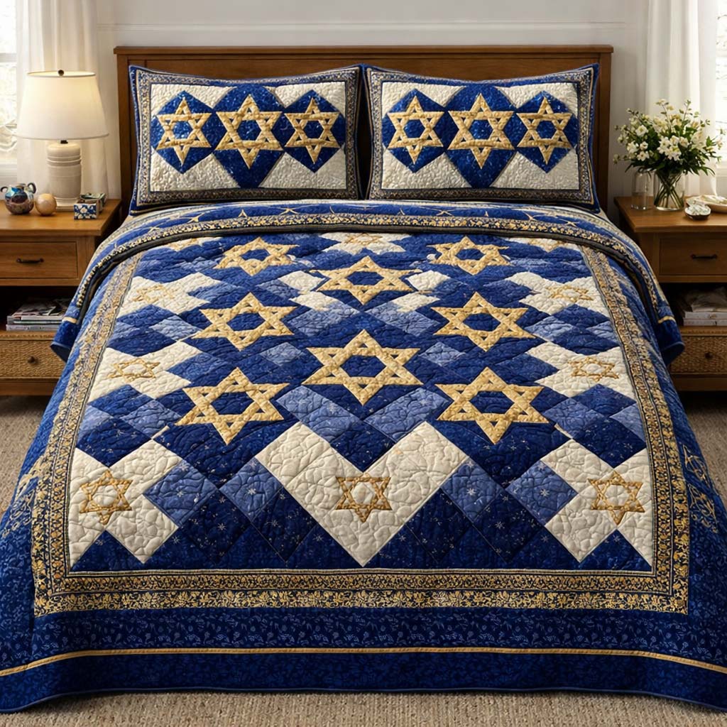 Hanukkah Quilted Bedding Set Mens Bedroom Decor Jewish Wedding Gifts - Tradiviet