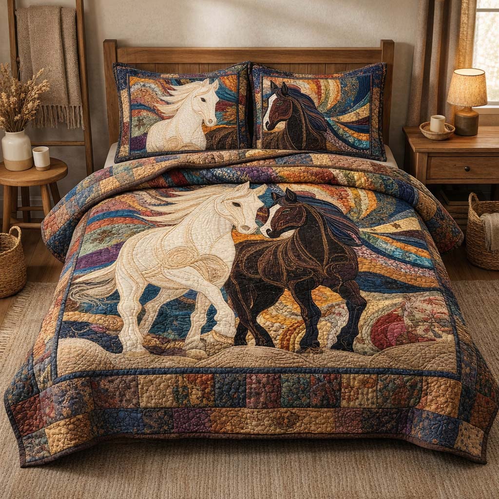 Harmony Horses Quilted Bedding Set Autumn Inspired Bedroom Wedding Gift For Horse Lovers - Tradiviet