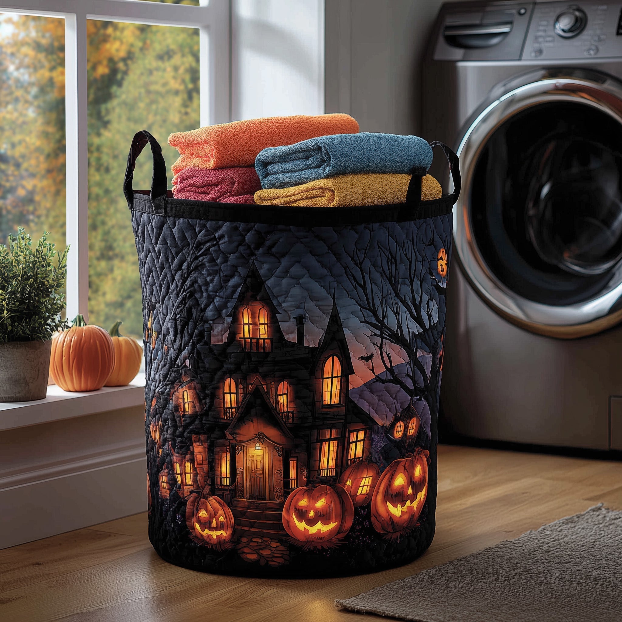 Haunted House Quilted Laundry Basket Washroom Decor Basket Best Gifts For Mother In Law - Tradiviet