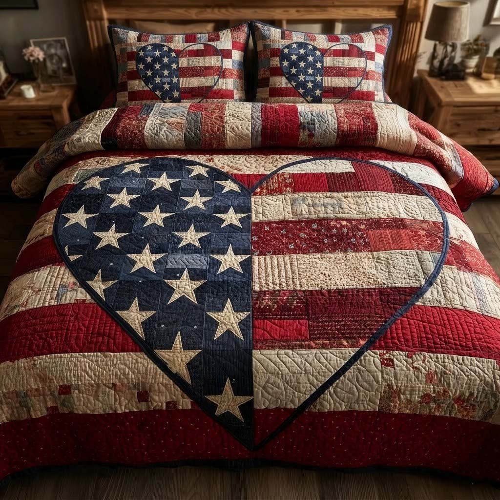Heart American Flag Quilted Bedding Set Holiday Bedroom Decor Gifts For A Patriotic Person - Tradiviet