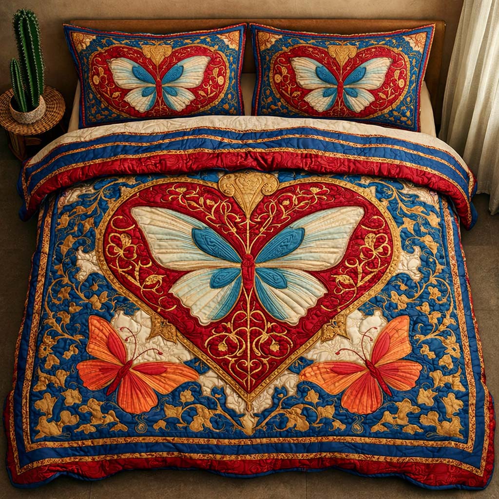Heart Butterfly Quilted Bedding Set Holiday Home Decor Cute Butterfly Lover Ideas For Gifts - Tradiviet
