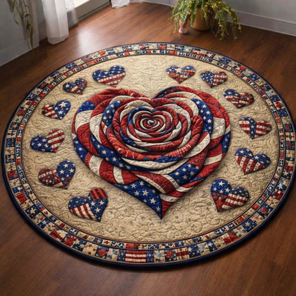 Heart Flag Quilted Round Mat Patriotic American Flag Heart Carpet Unique Gift For Dad - Tradiviet