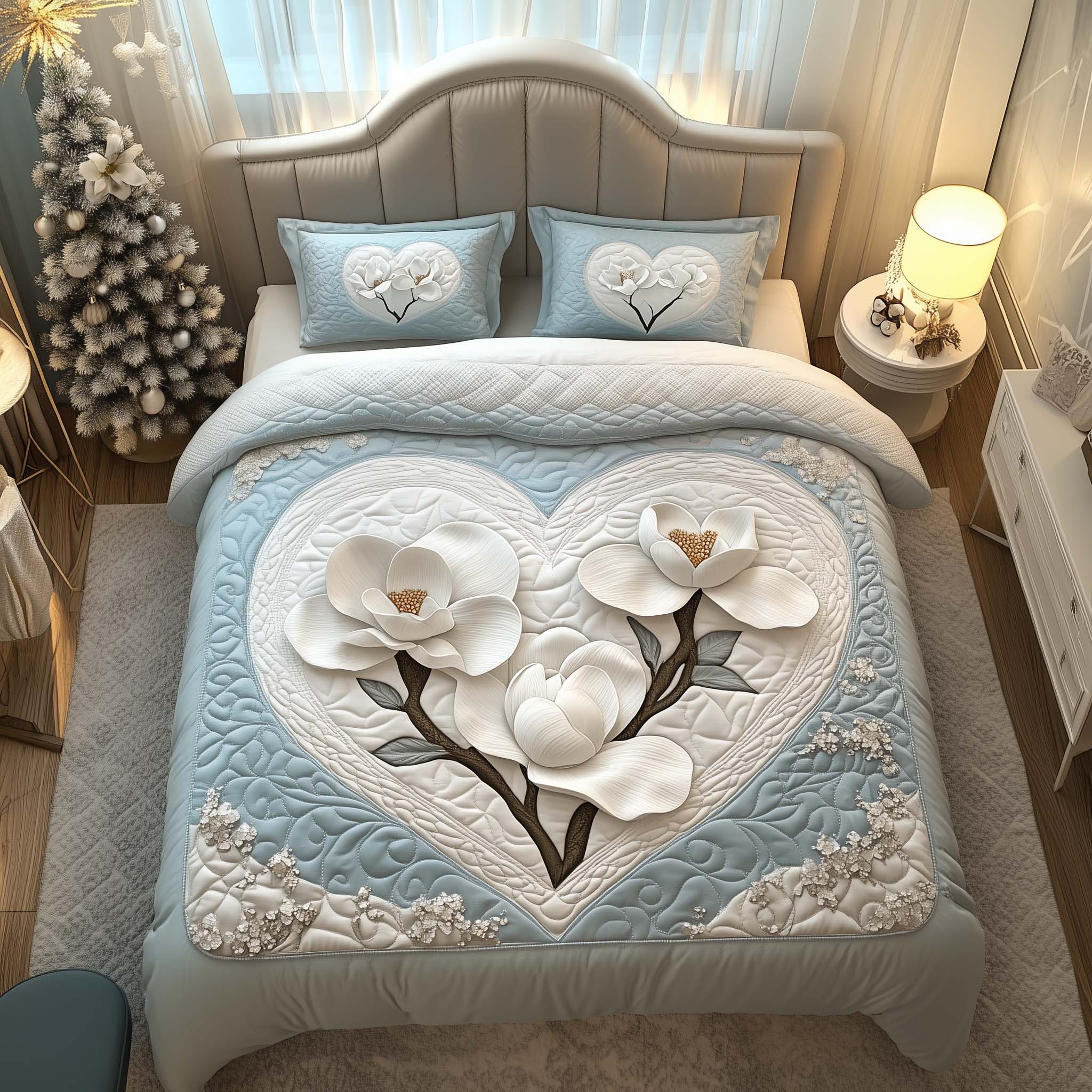 Heart Magnolia Quilted Bedding Set Holiday Home Decor Ideas Father's Day Gift Ideas - Tradiviet