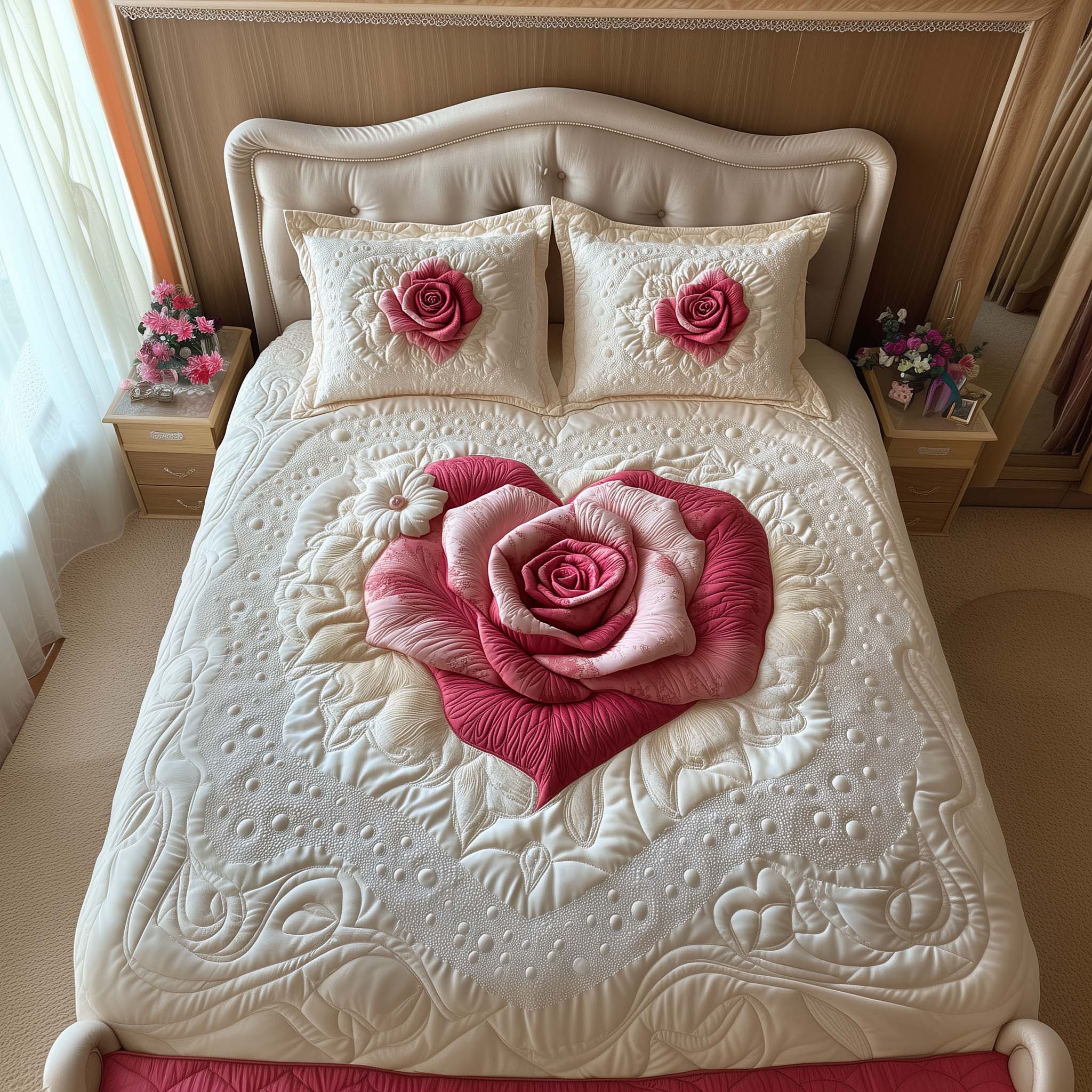 Heart Rose Quilted Bedding Set Holiday Home Decor Gift For Romantic Souls - Tradiviet