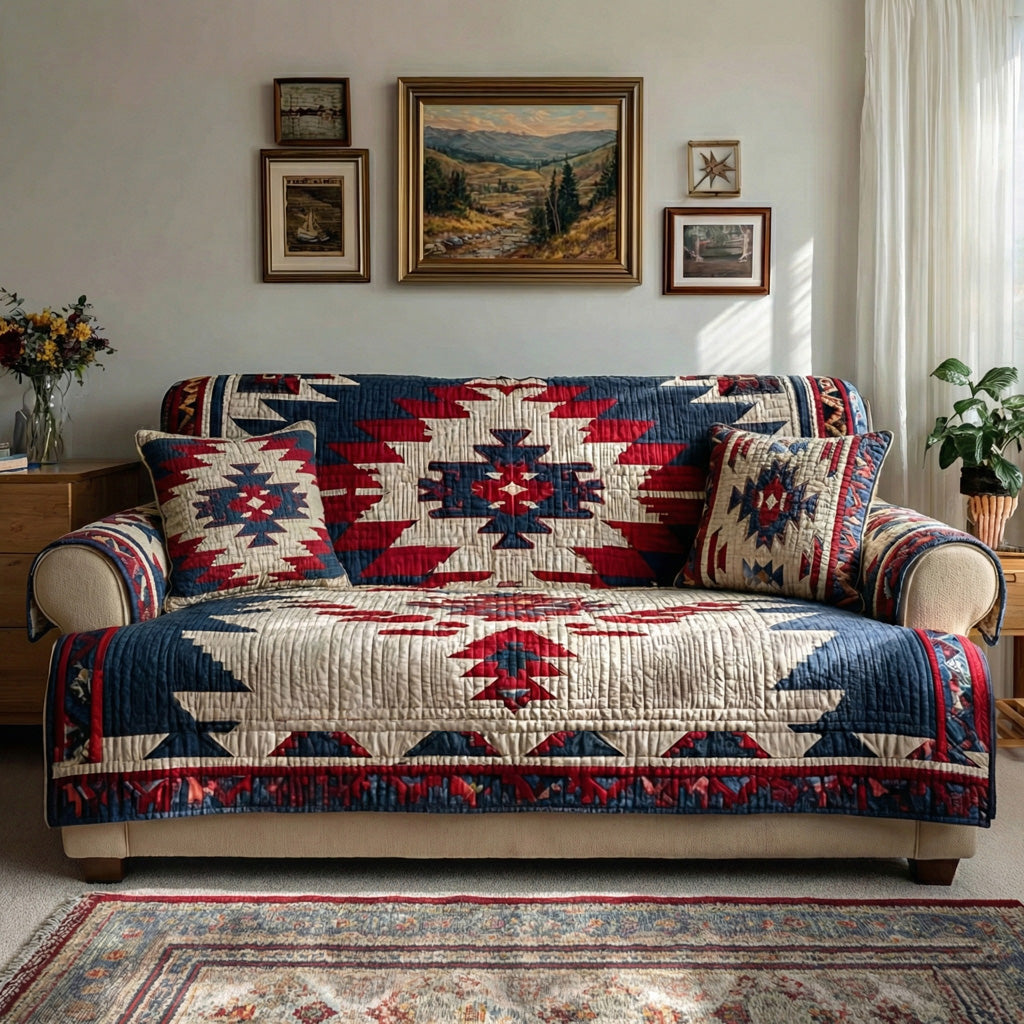 Heritage Geometry Quilted Sofa Cover Tribal Geometric Pattern Boho Couch Protector