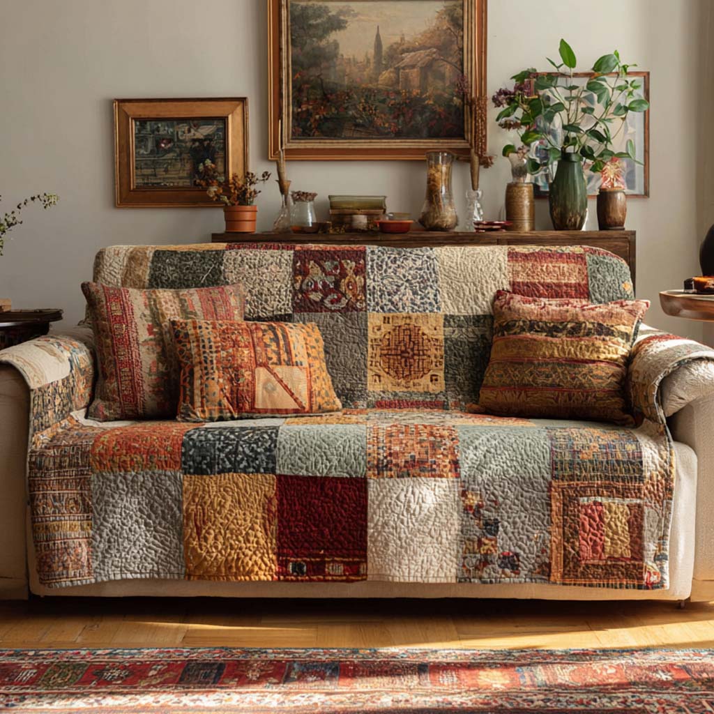 Heritage Patchwork Calm Quilted Sofa Cover Vintage Farmhouse Couch Protector