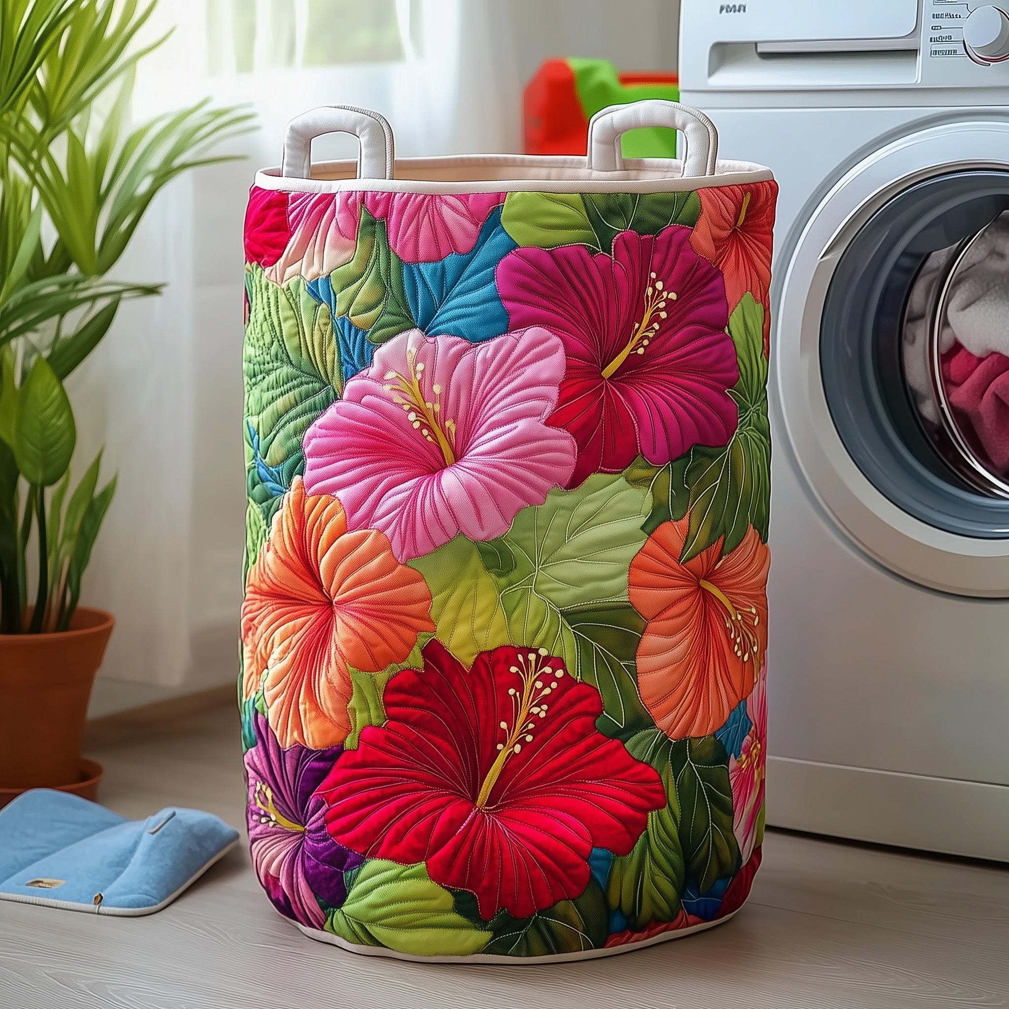 Hibiscus Glow Quilted Laundry Basket Cute Storage Baskets Gift For Wife - Tradiviet