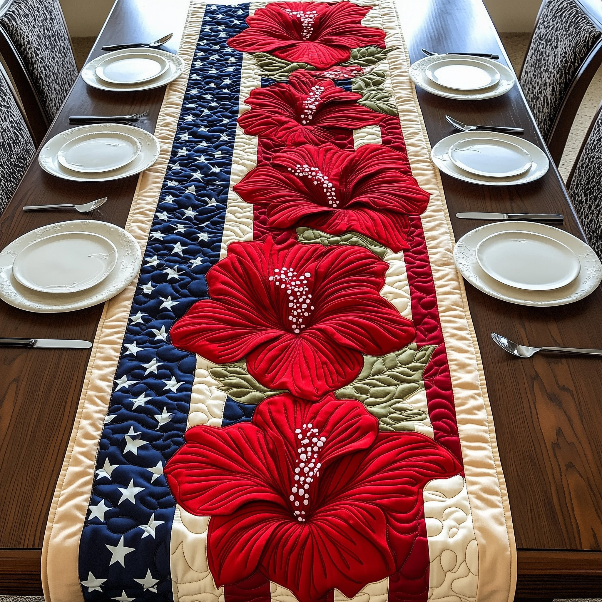 Hibiscus Quilted Table Runner Floral Runner Fourth Of July Hostess Gifts
