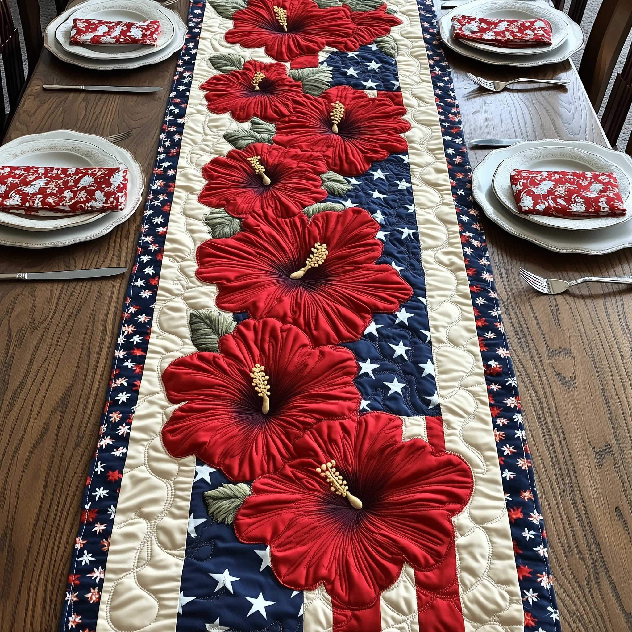 Hibiscus Quilted Table Runner Holiday Table Runner 4Th Of July Client Gifts