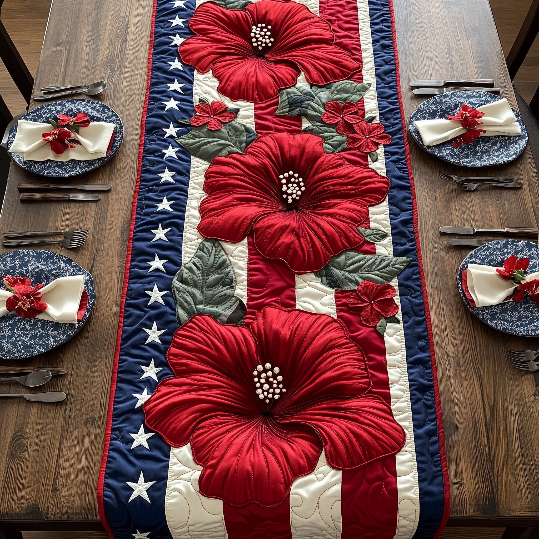 Hibiscus Quilted Table Runner Holiday Table Runner Best Independence Gift