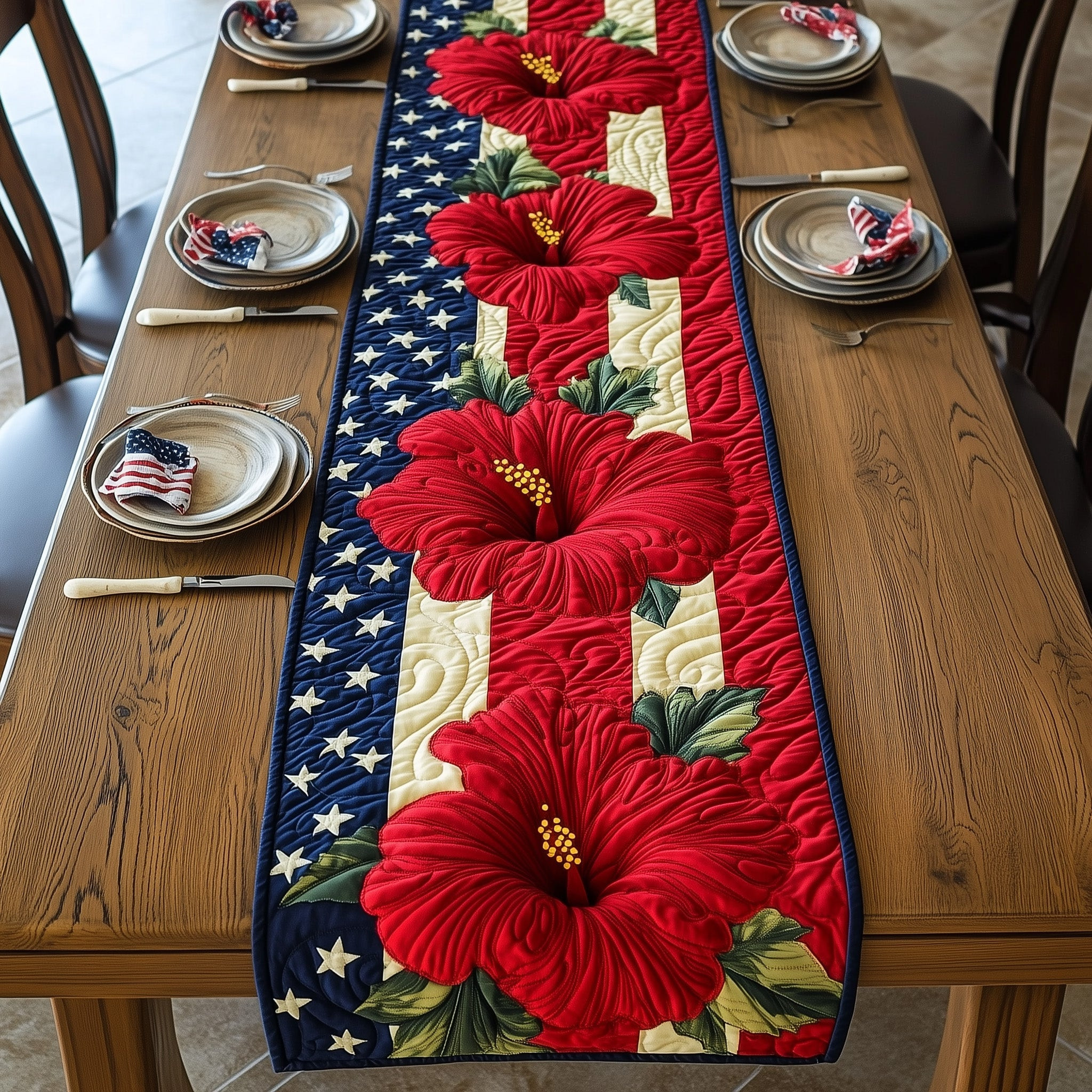 Hibiscus Quilted Table Runner Holiday Table Runner Fourth Of July Hostess Gifts