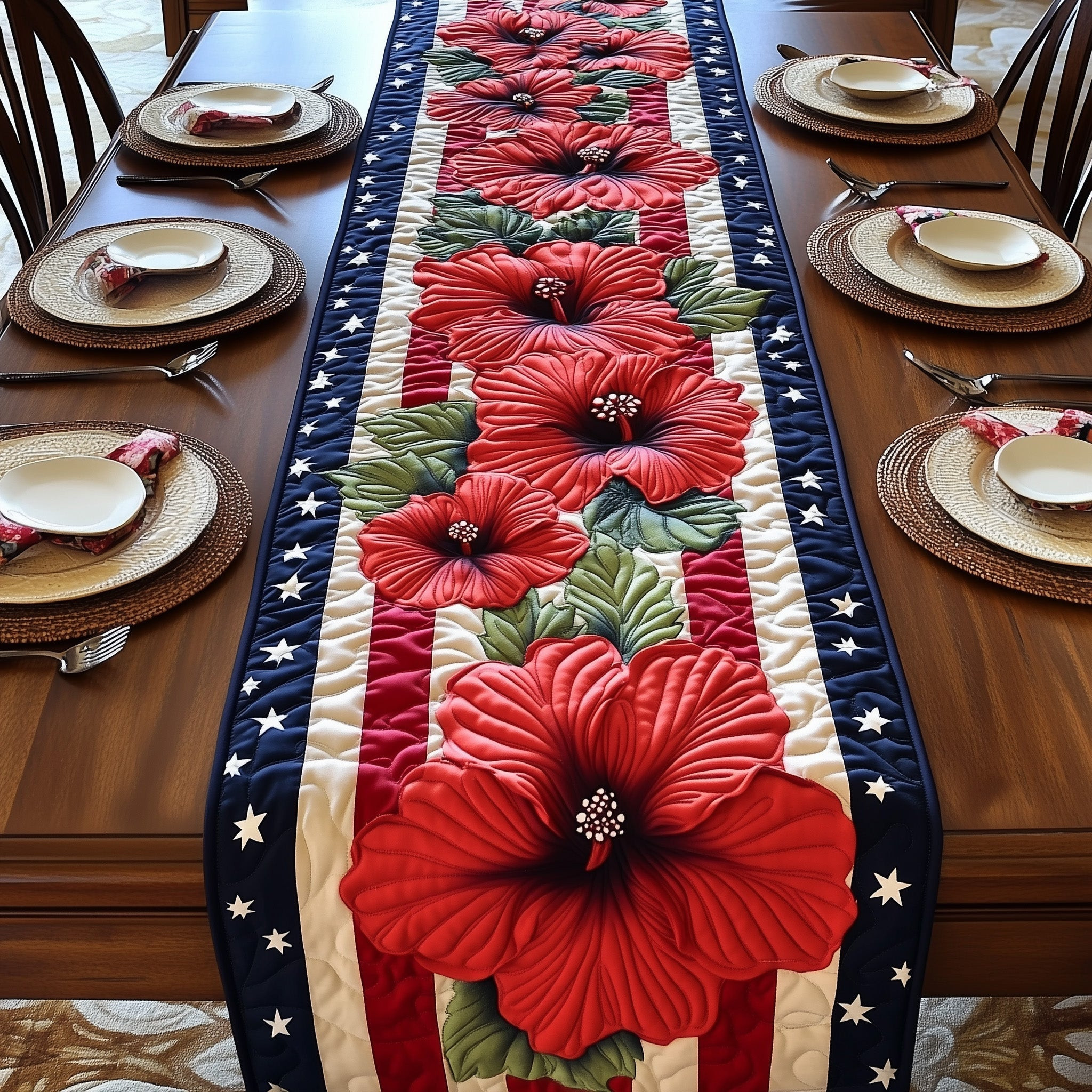 Hibiscus Quilted Table Runner Summer Table Runner 4Th Of July Themed Gifts