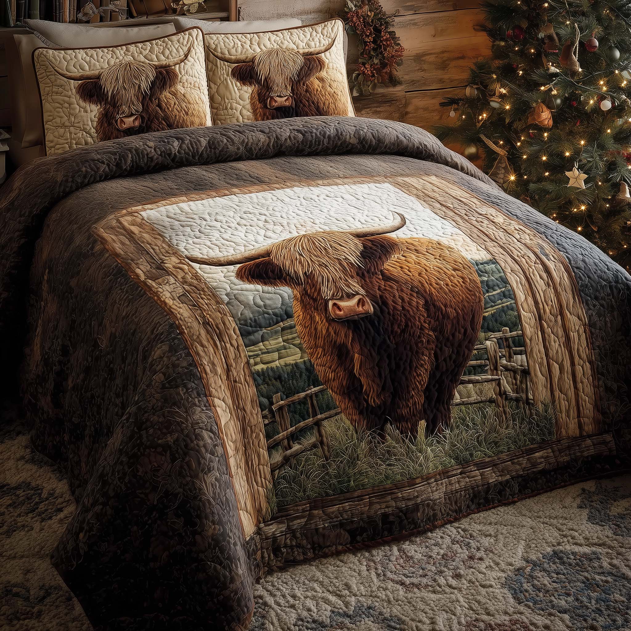 Highland Cow Dream Quilted Bedding Set Mens Bedroom Decor Highland Cow Gift Ideas - Tradiviet