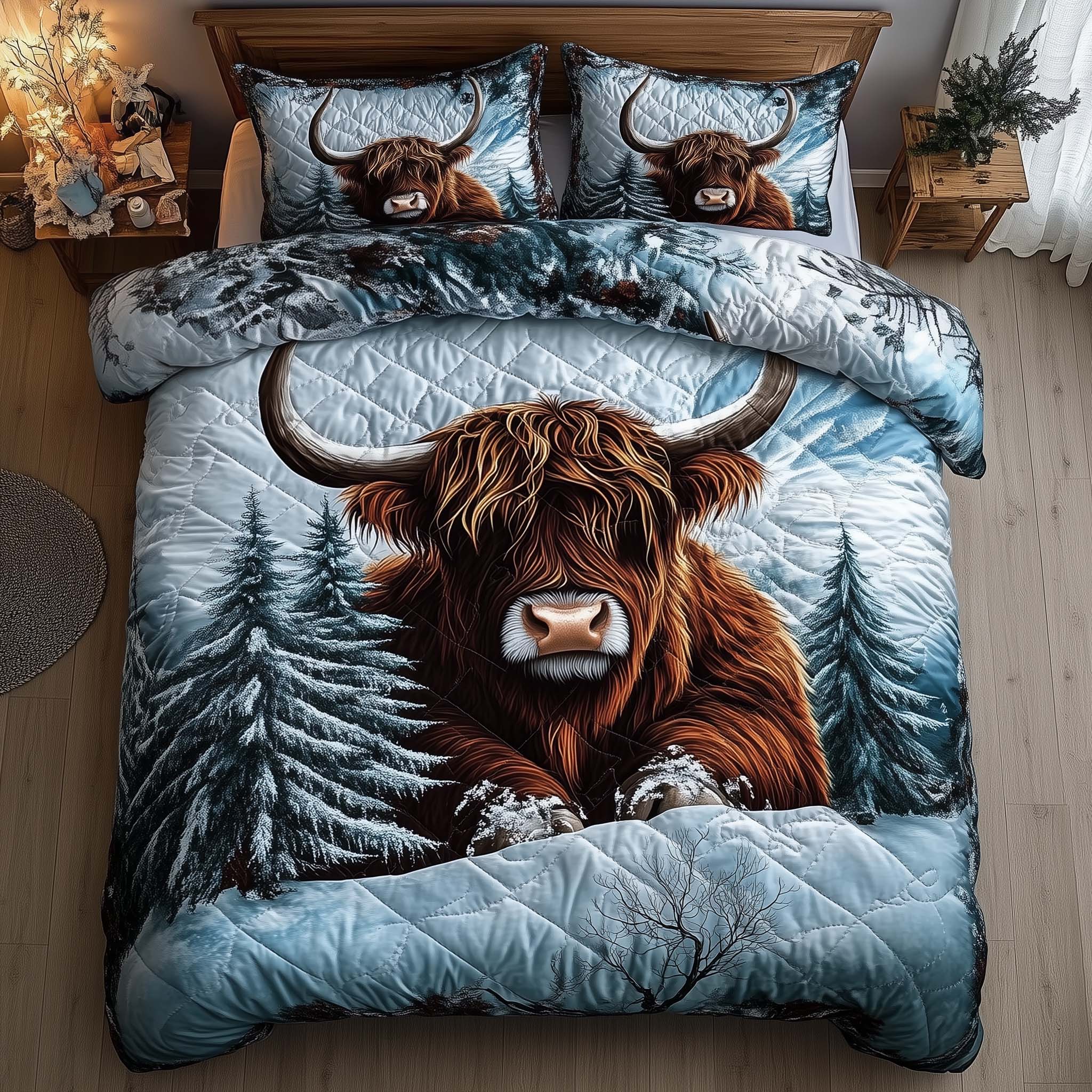 Highland Cow Quilted Bedding Set Mens Bedroom Decor Highland Cow Gift Ideas - Tradiviet