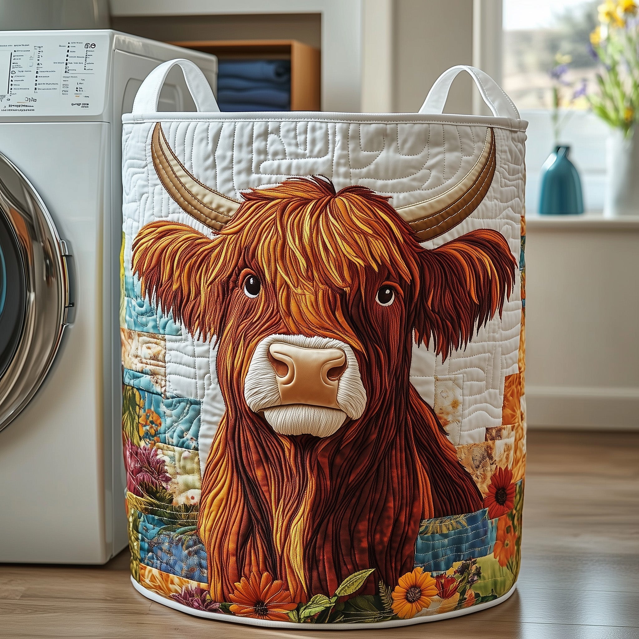 Highland Cow Quilted Laundry Basket Cute Storage Baskets Best Gifts For Mom - Tradiviet