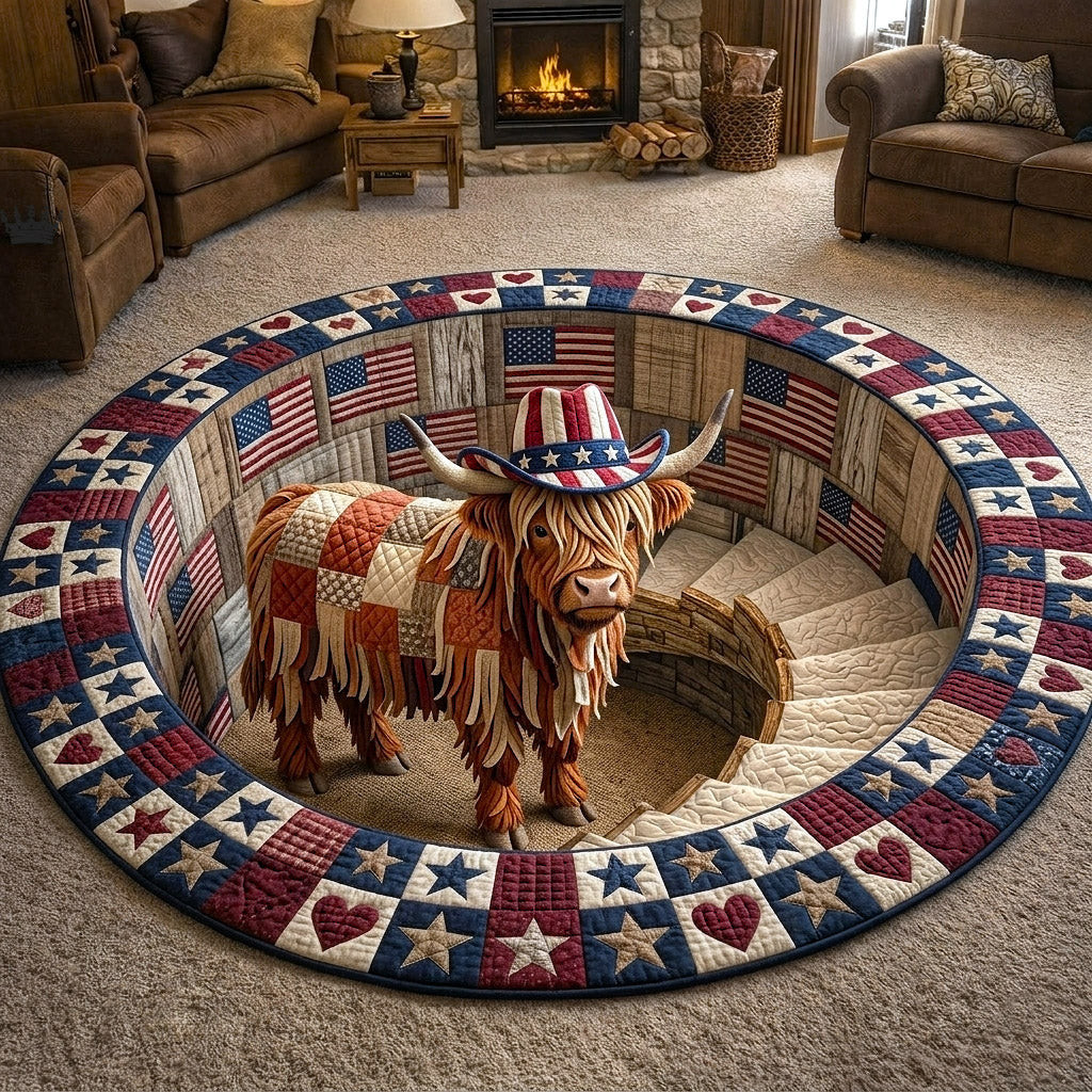 Highland Cow Quilted Round Mat Patriotic Cow USA Flag Carpet 250th Anniversary Decor - Tradiviet