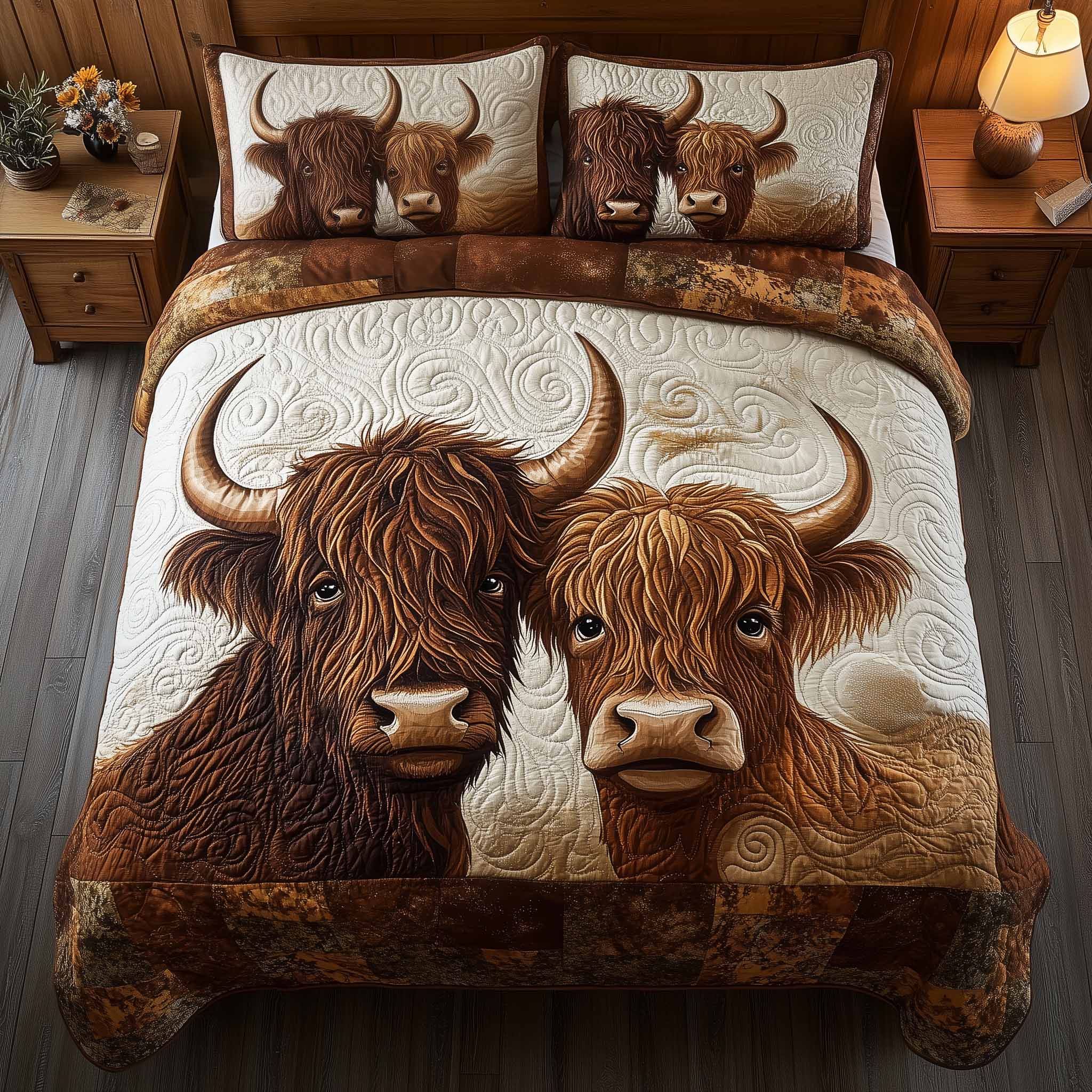 Highland Hearts Quilted Bedding Set Holiday House Decorations Best Gift For Farmhouse Lovers - Tradiviet