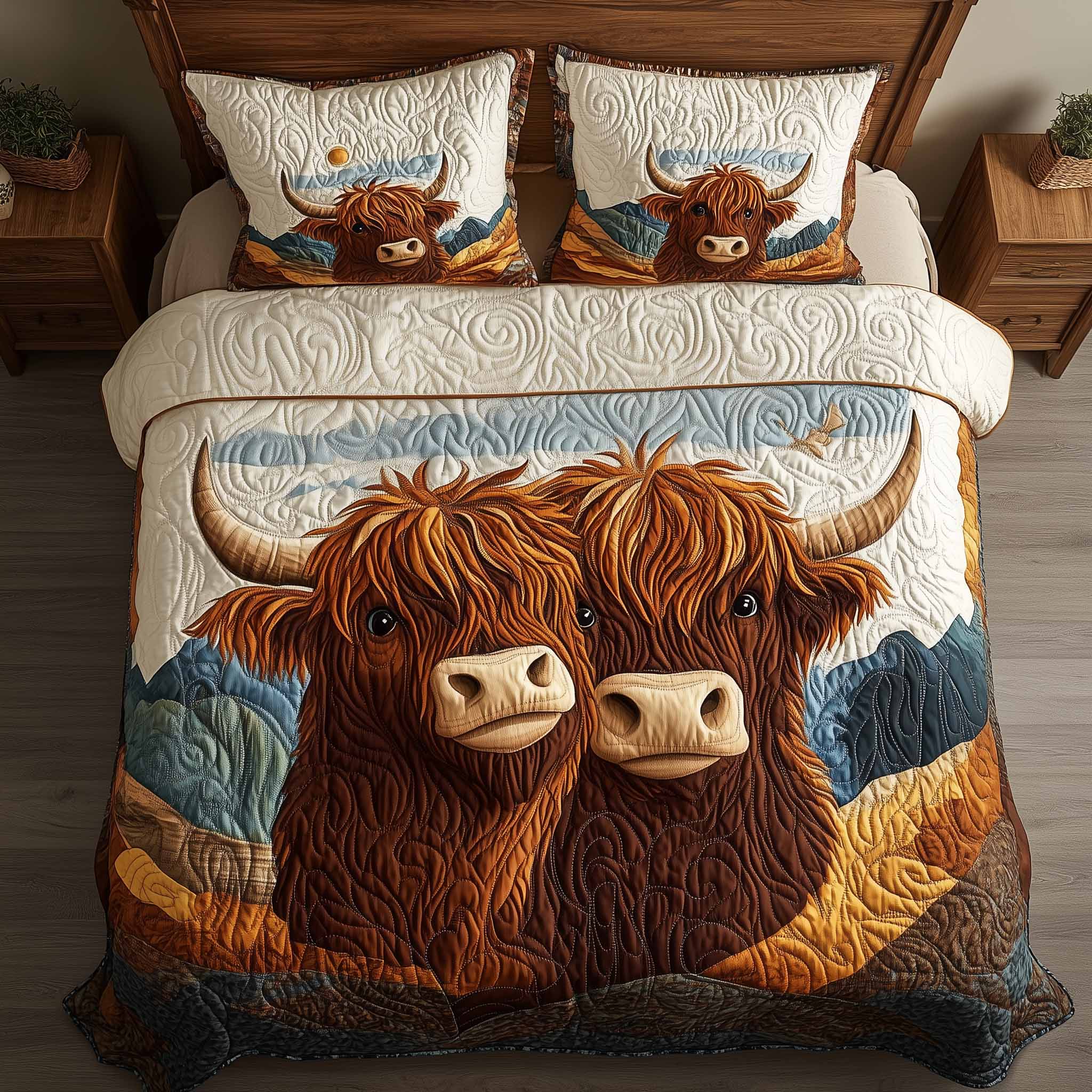Highland Hearts Quilted Bedding Set Mens Bedroom Decor Heartwarming Gift For Country Home Decor - Tradiviet