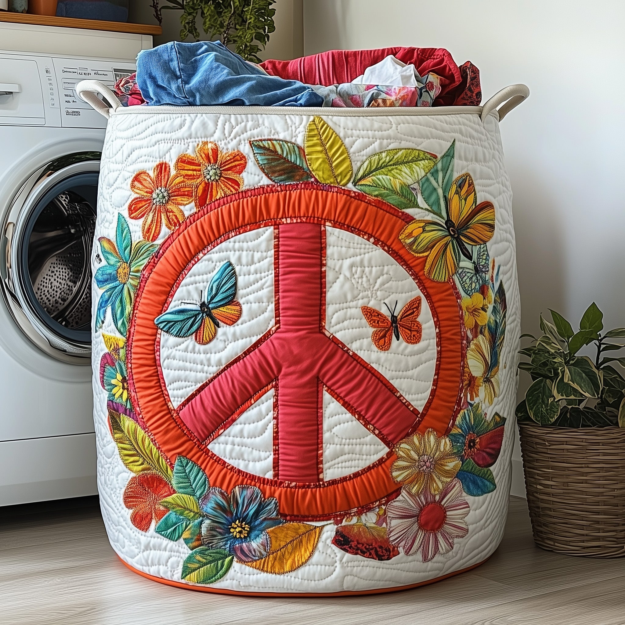 Hippe Peace Sign Quilted Laundry Basket Holiday Room Decor Gift For Wife - Tradiviet