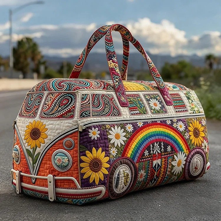 Hippie Vintage Sunflowers Quilted Duffle Bag Retro Festival Bag Gift For Van Life Lovers - Tradiviet