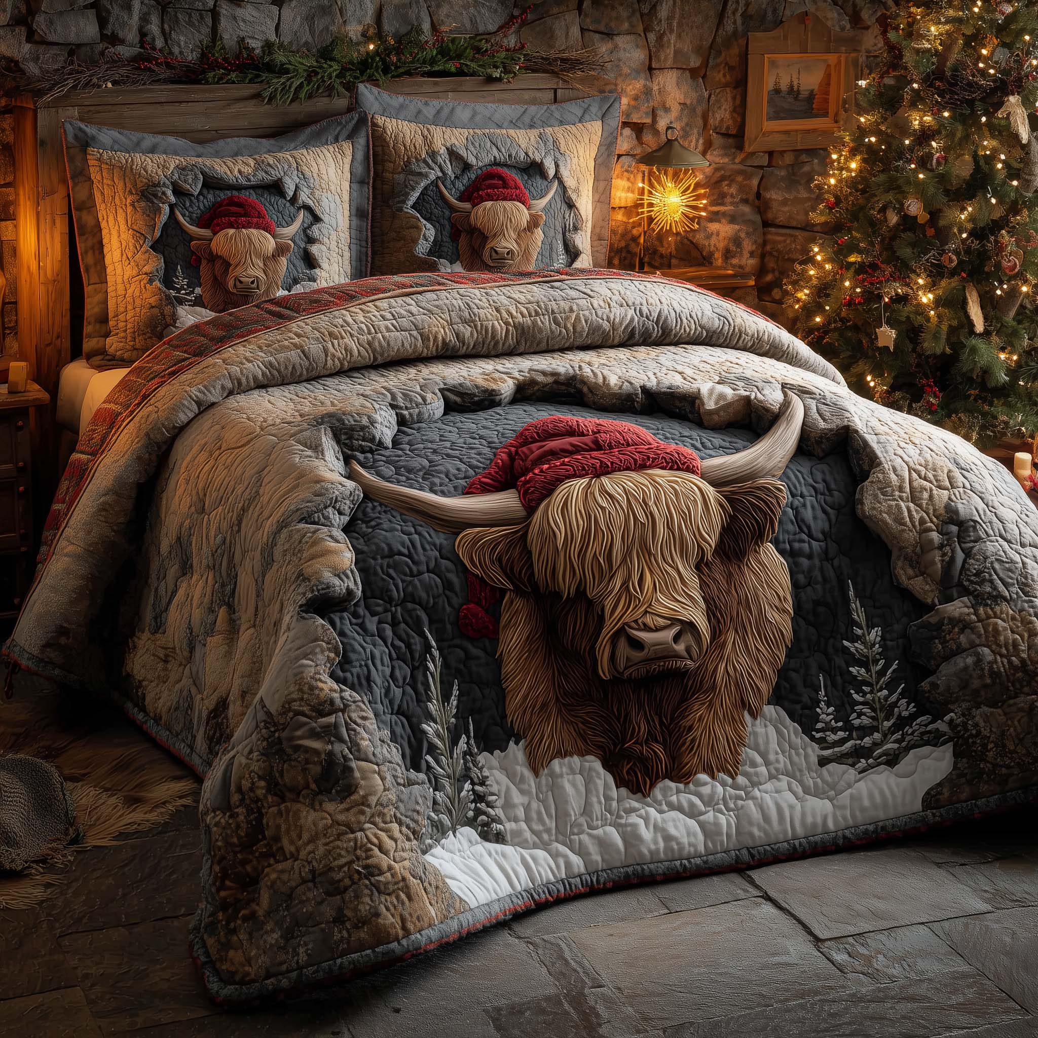 Holiday Highland Cow Quilted Bedding Set Bohemian Bedroom Furniture Highland Cow Presents - Tradiviet