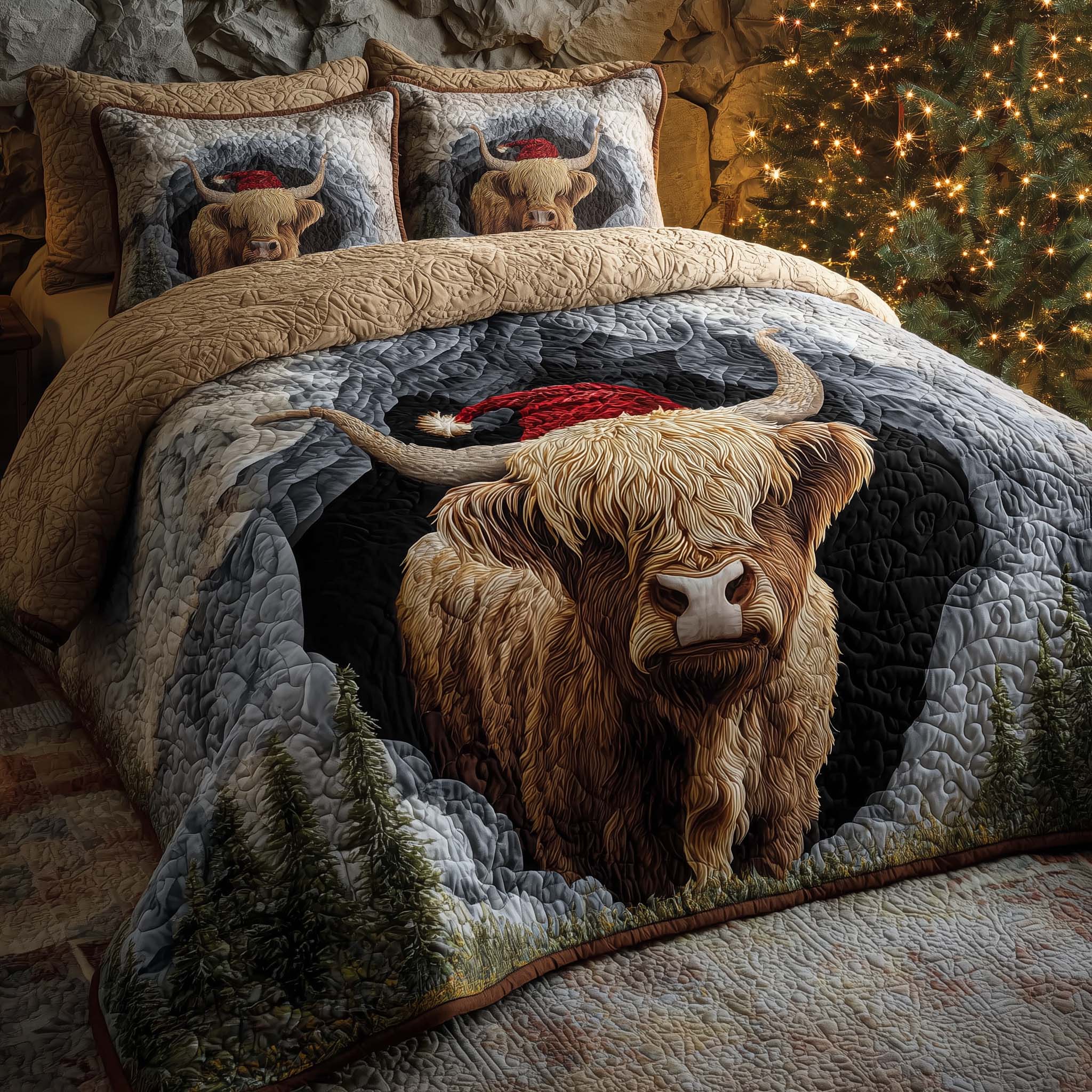 Holiday Highland Cow Quilted Bedding Set Holiday Home Decor Gifts For Highland Cow Lovers - Tradiviet