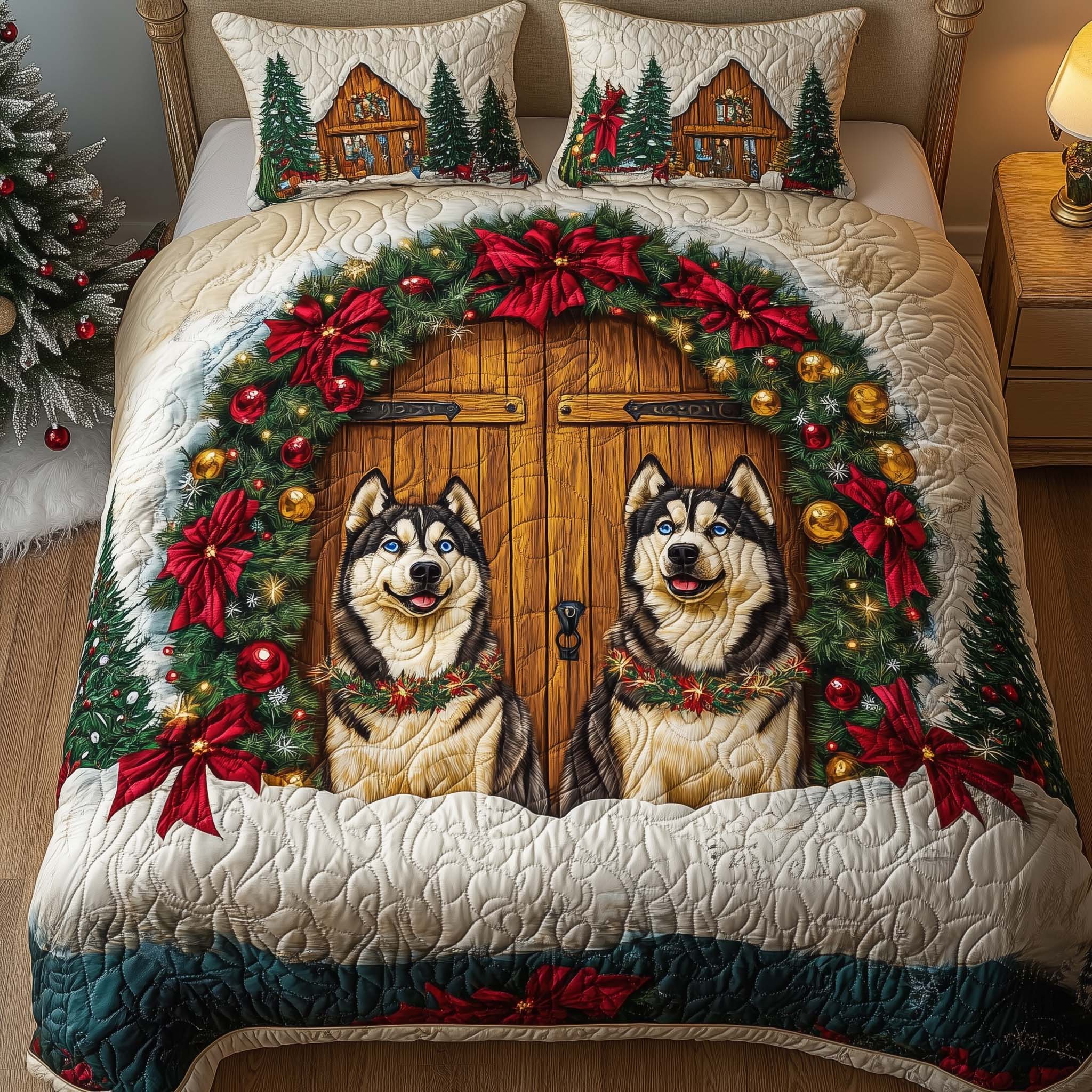 Holiday Huskies Quilted Bedding Set Room Decoration Items Gift Ideas For Dad - Tradiviet