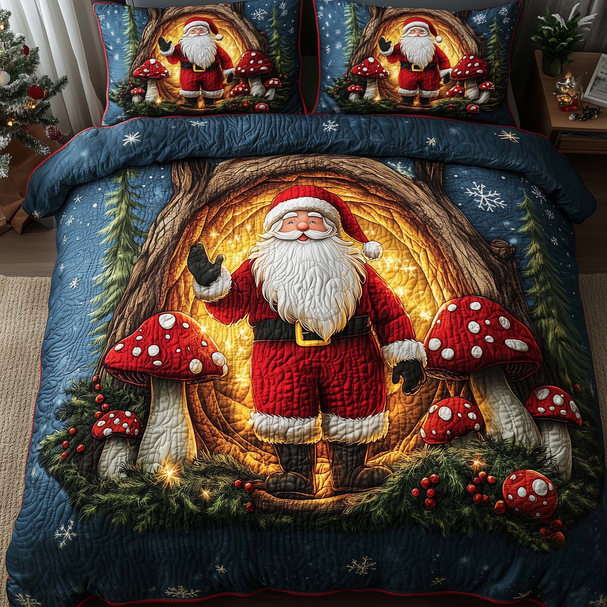 Holiday Santa Delight Quilted Bedding Set Bedroom Decorations Gift From Santa For Holiday Celebration - Tradiviet